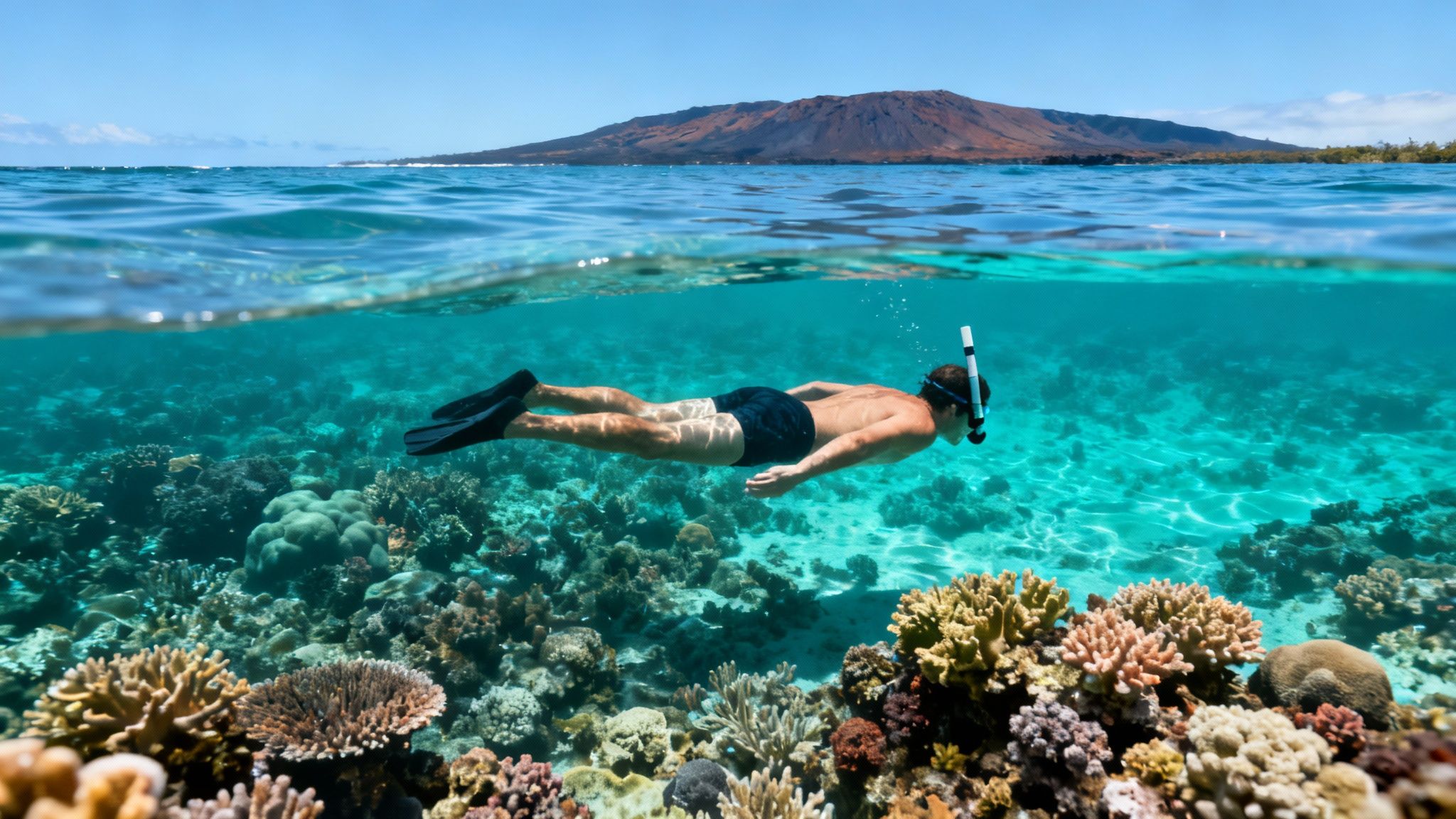 A man snorkels over a vibrant coral reef in clear blue tropical water, with a volcanic island in the background.