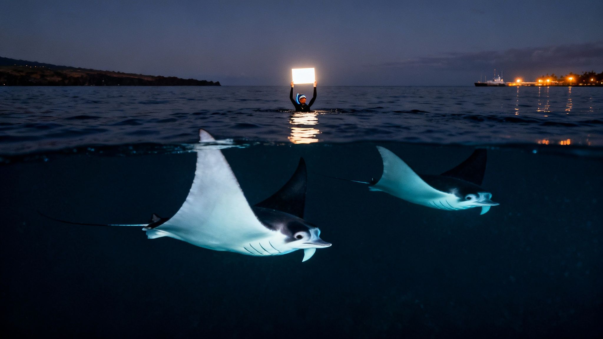 A diver illuminates two majestic manta rays swimming under the ocean surface at night.