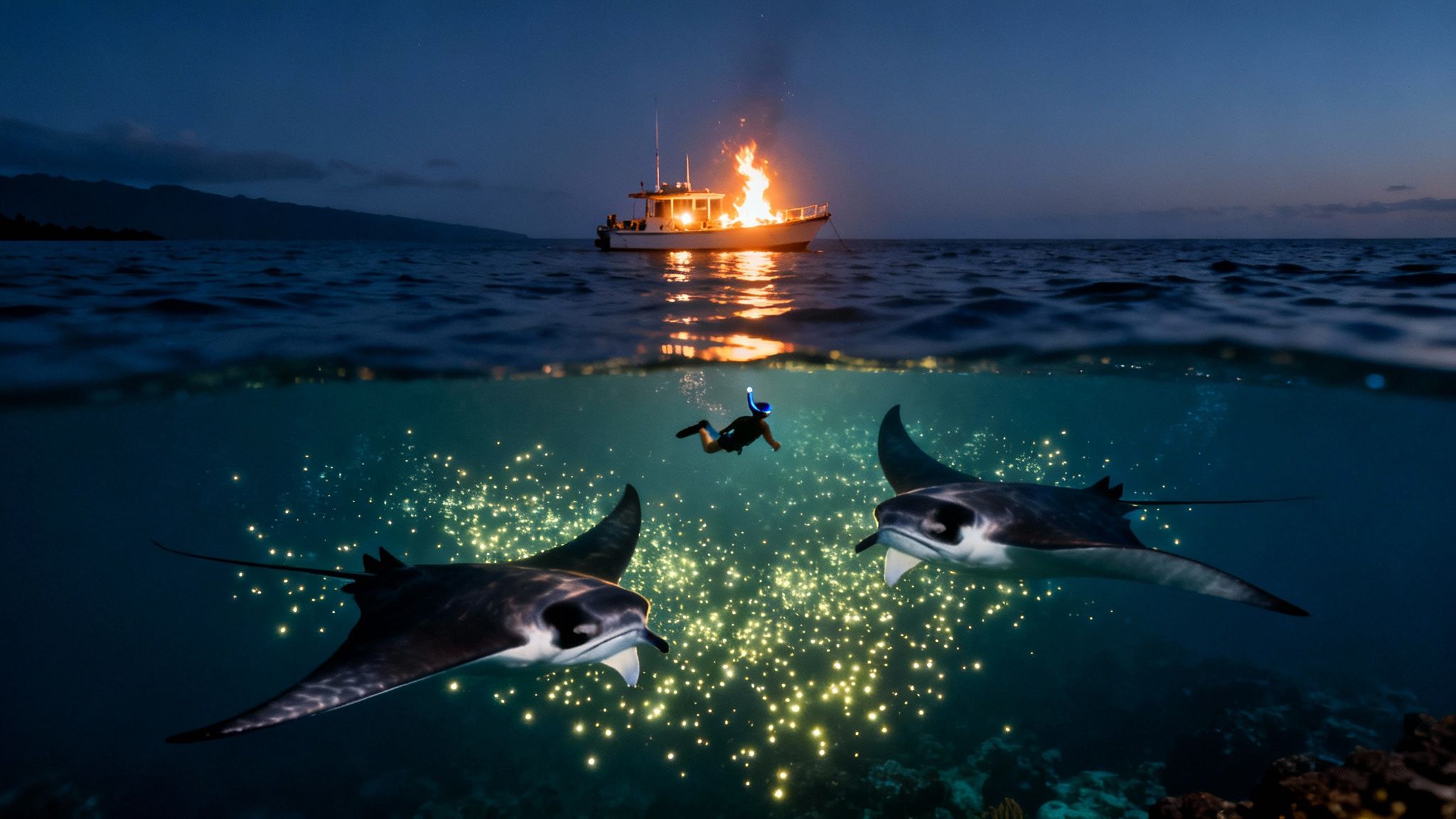 A dramatic split image: a burning boat above, a snorkeler with two manta rays among glowing plankton below.