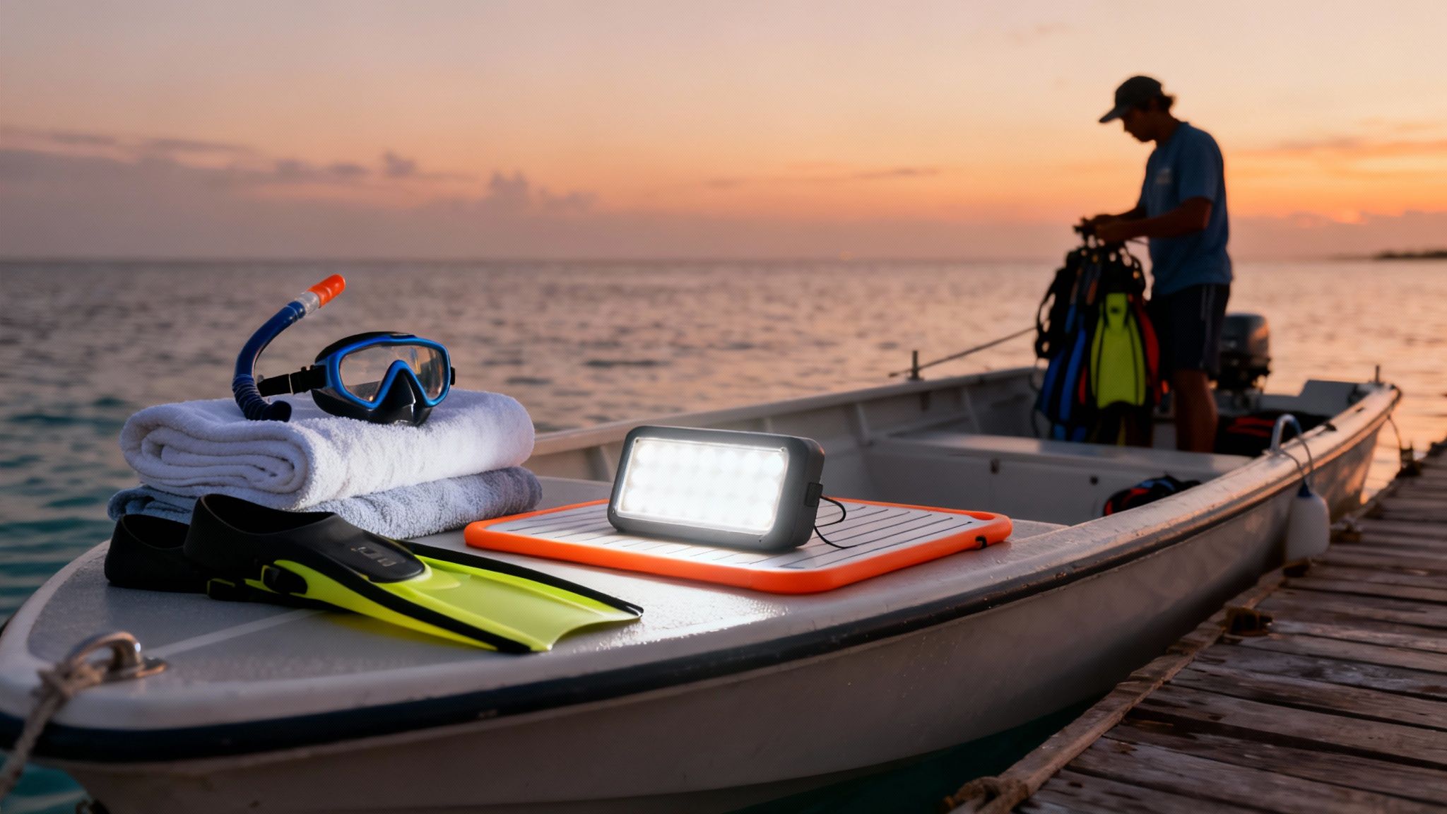 Snorkeling gear, fins, mask, and towels on a boat at sunset with a person preparing dive equipment.