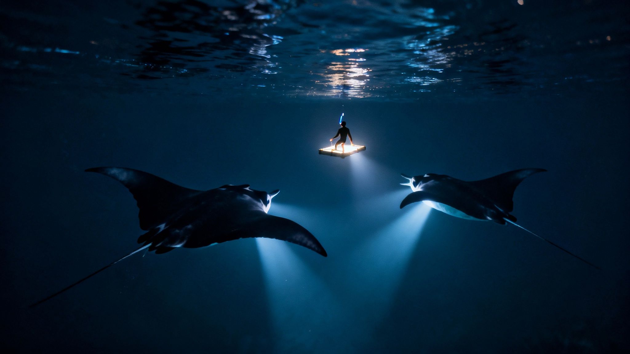 A person on a glowing raft shines light into the dark ocean, attracting two large manta rays.