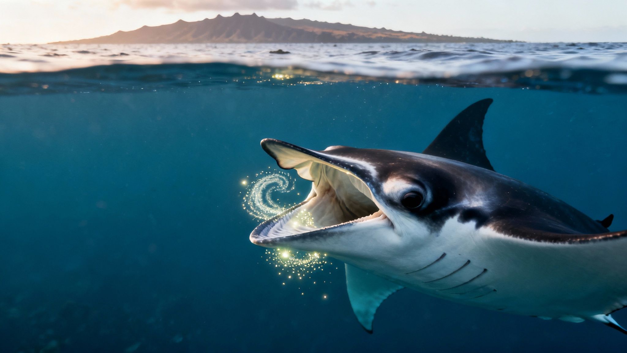 A majestic manta ray with glowing energy from its mouth, half submerged in blue ocean with an island backdrop.