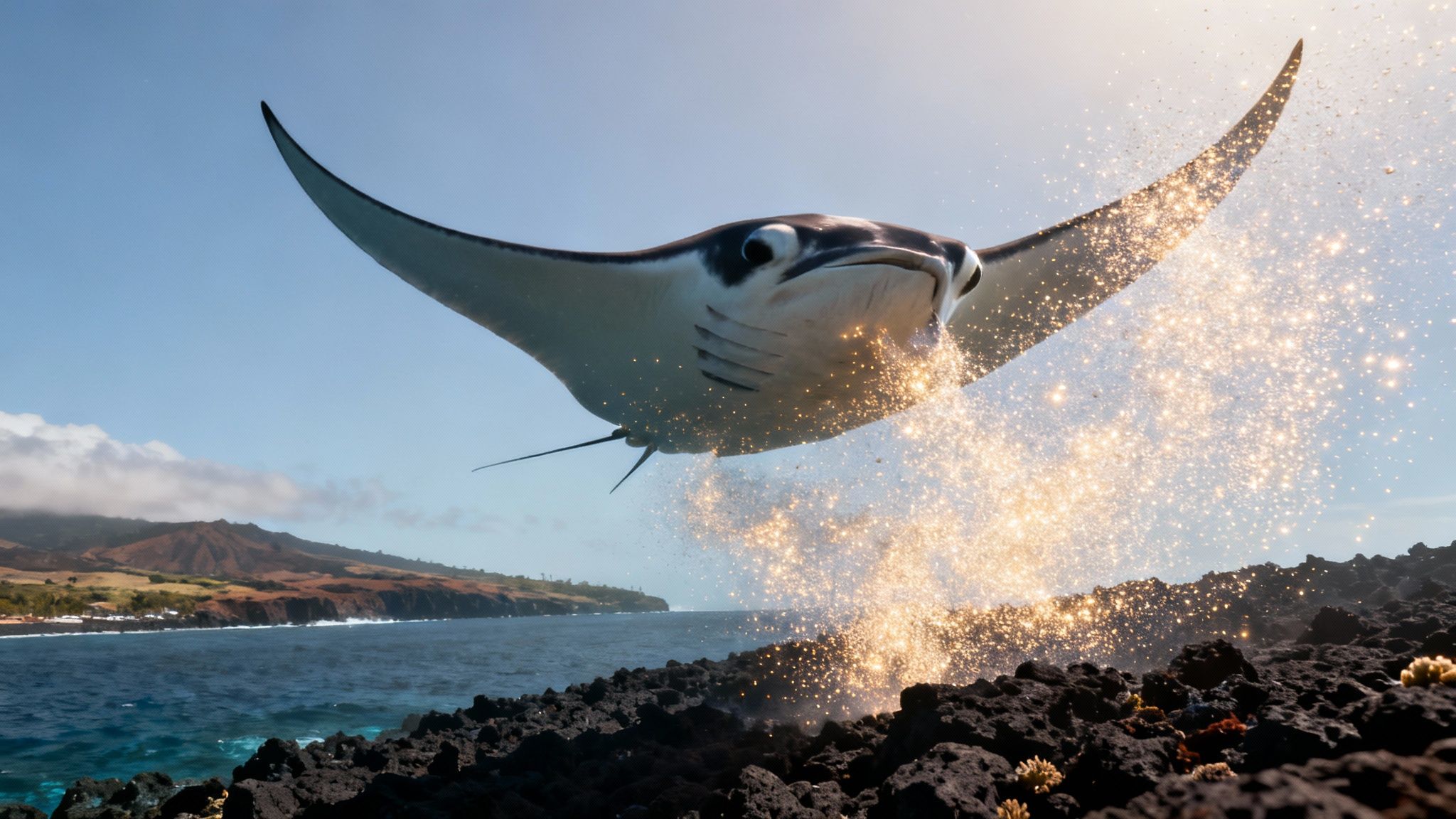 A manta ray leaps from the ocean, sparkling water splashing over volcanic rocks on a sunny day.