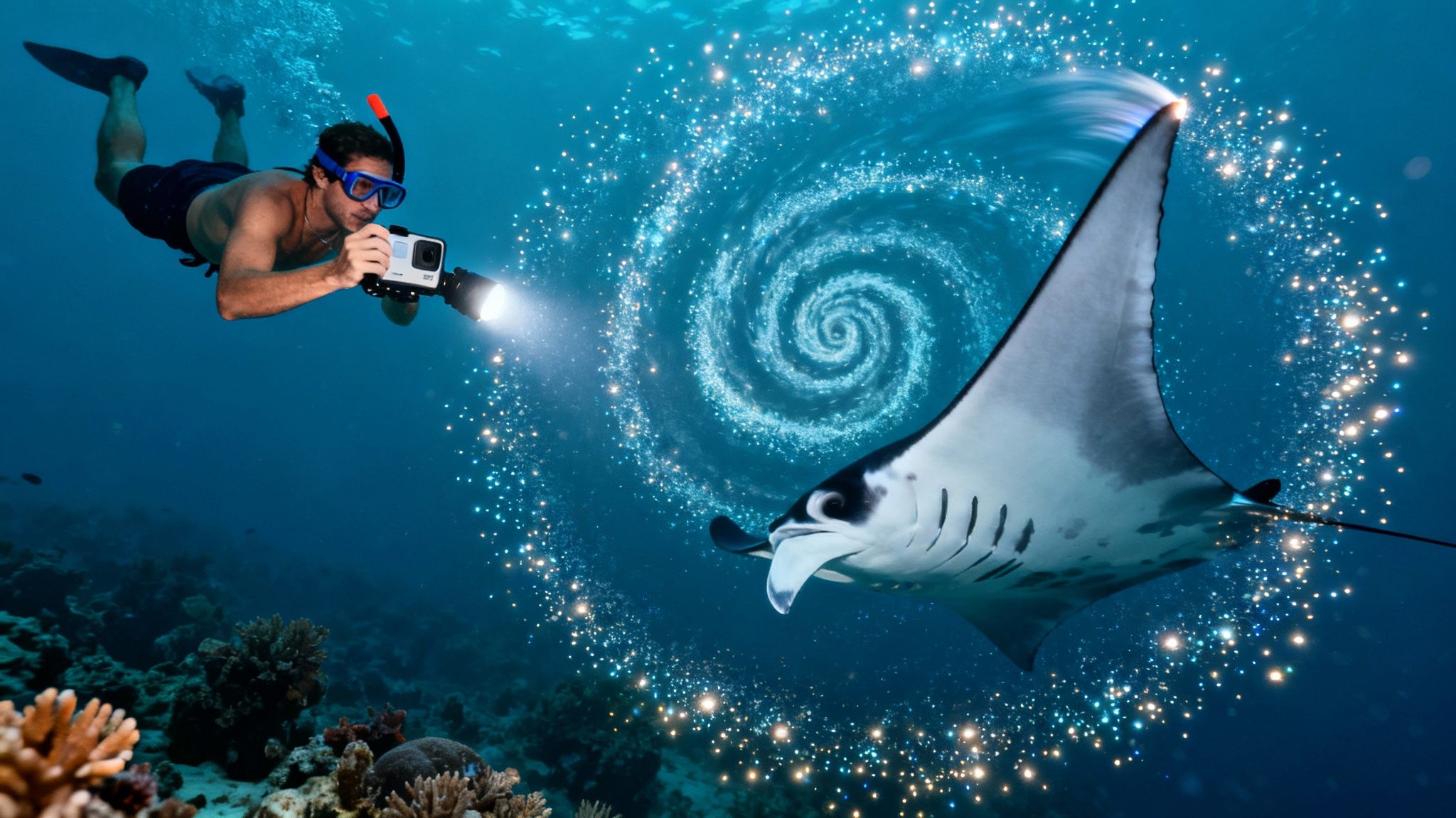Snorkeler capturing manta rays with a GoPro under red lights at night