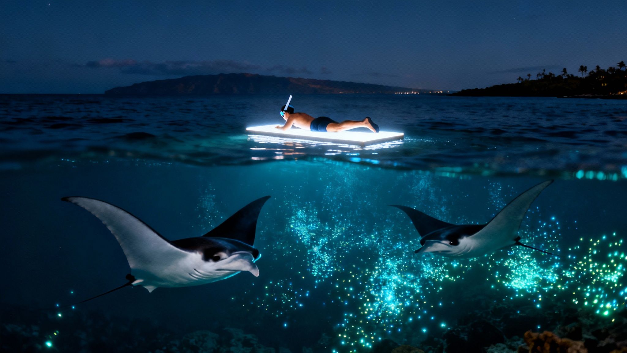 Night snorkeling scene with a person on a glowing raft and manta rays in bioluminescent waters.