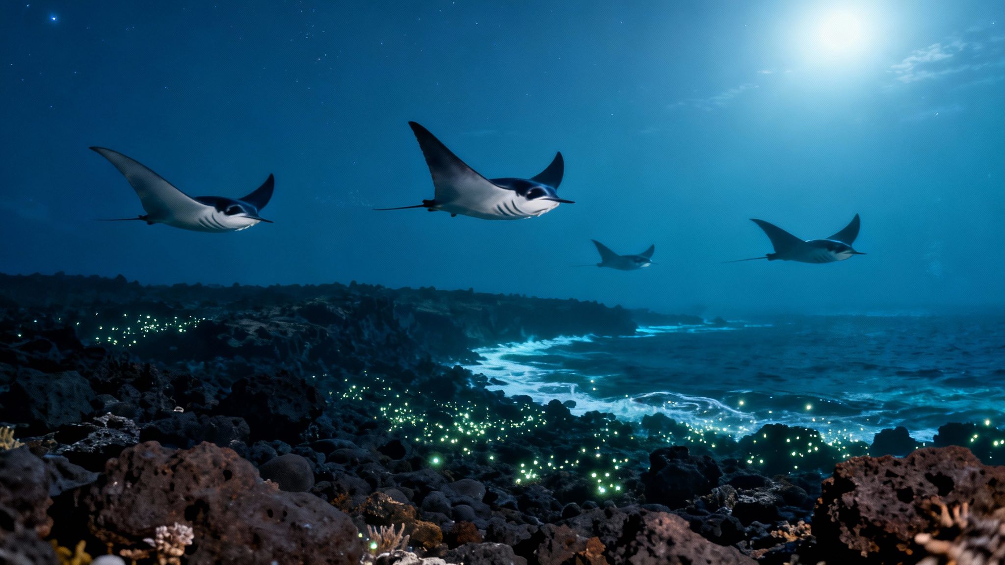 Manta rays glide over a dark, rocky coast illuminated by bioluminescent organisms and moonlight.