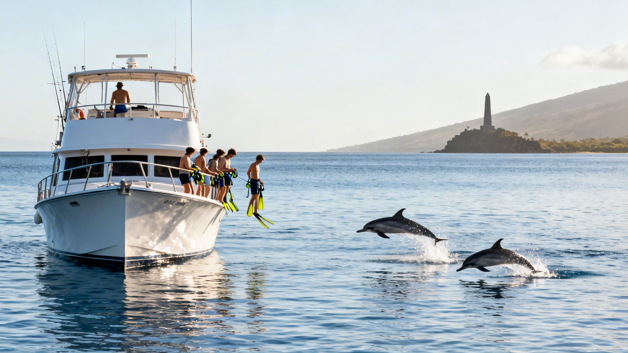 Young men on a boat watch two dolphins jump from the ocean near a scenic island monument.