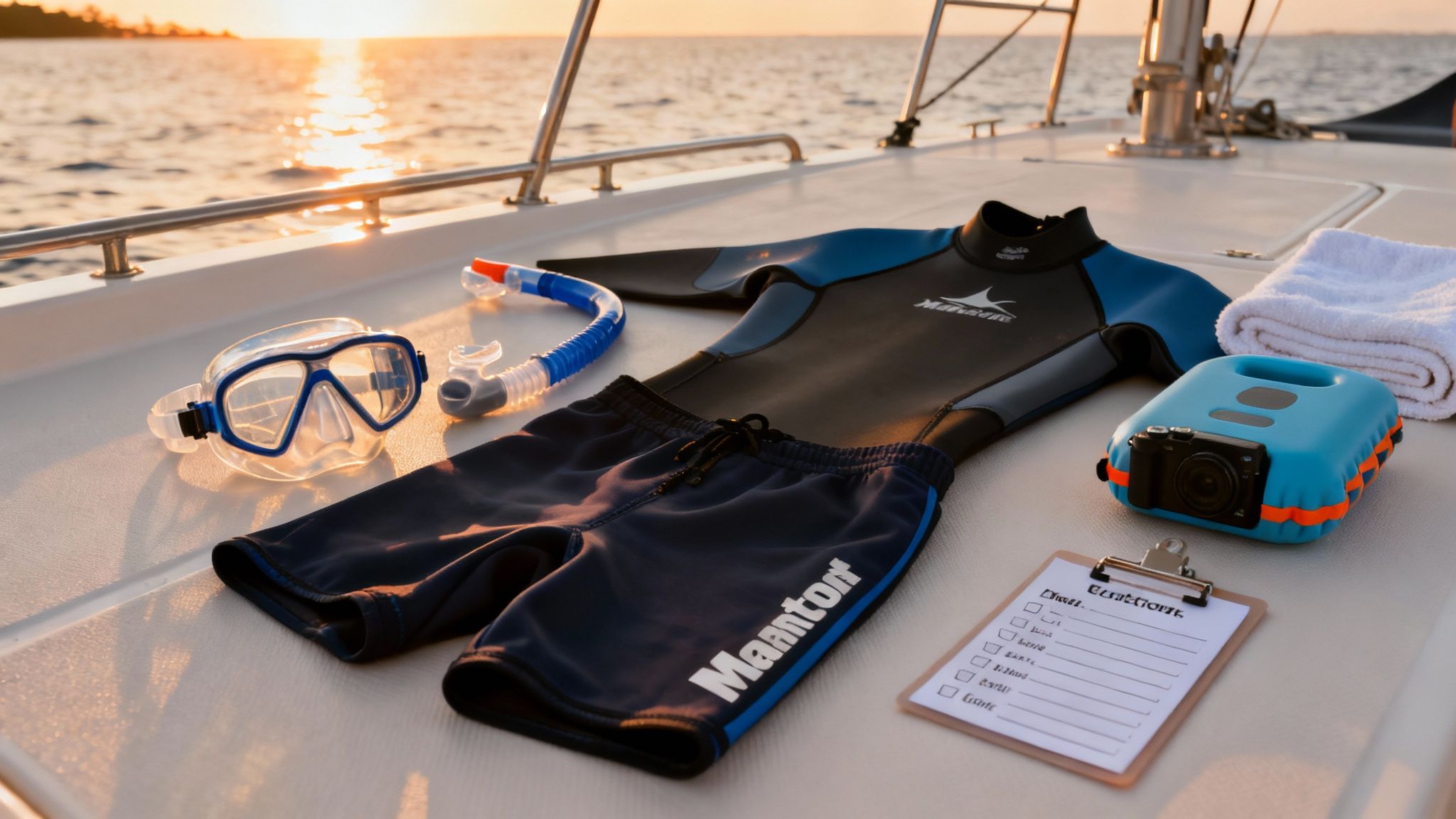 Snorkeling and diving gear, including a wetsuit, mask, and camera, laid out on a boat deck at sunset.