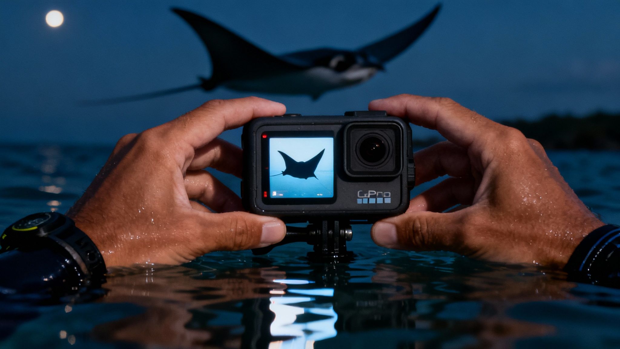 A person holds a GoPro camera in the water at night, capturing a manta ray under the moon.