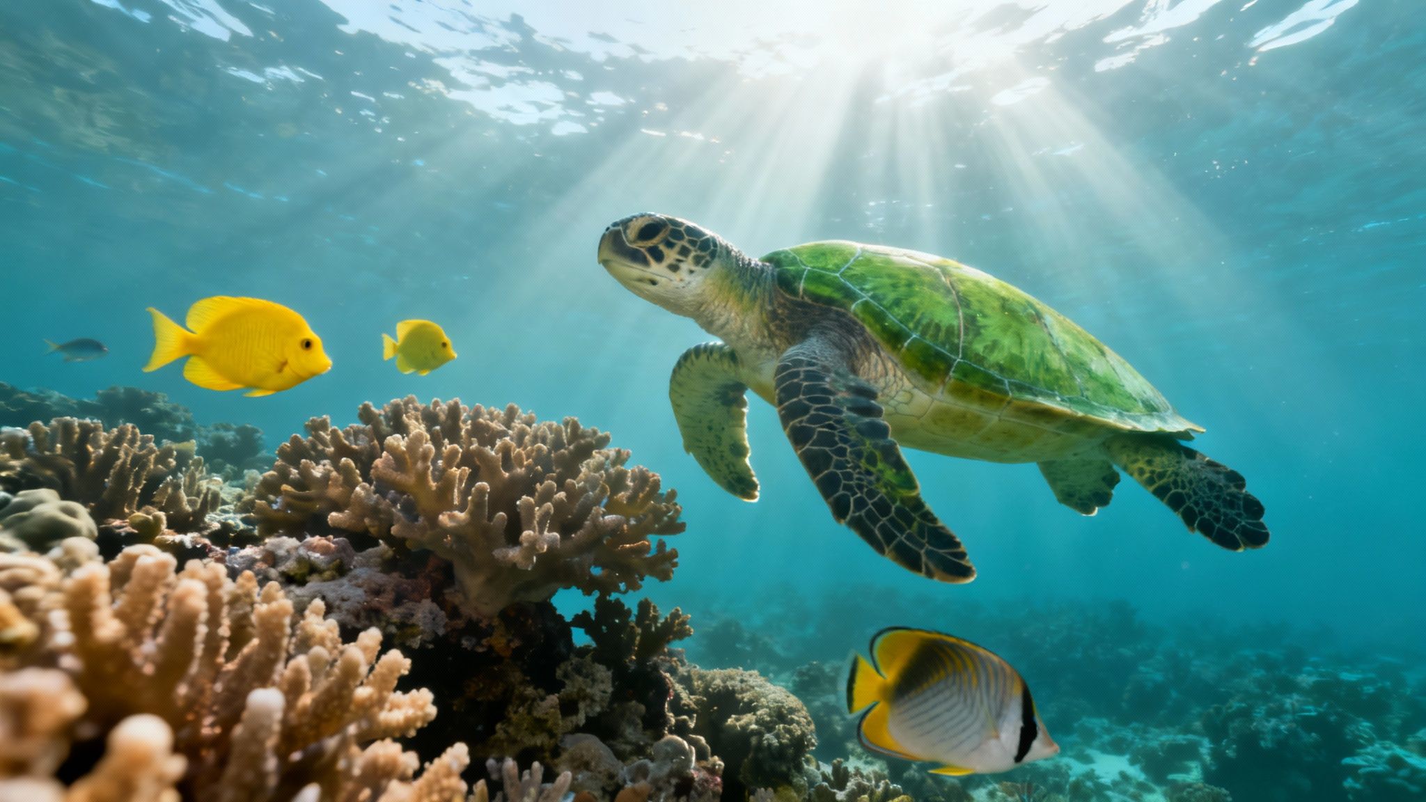 A green sea turtle swims gracefully over a coral reef in the clear blue waters of Kealakekua Bay.