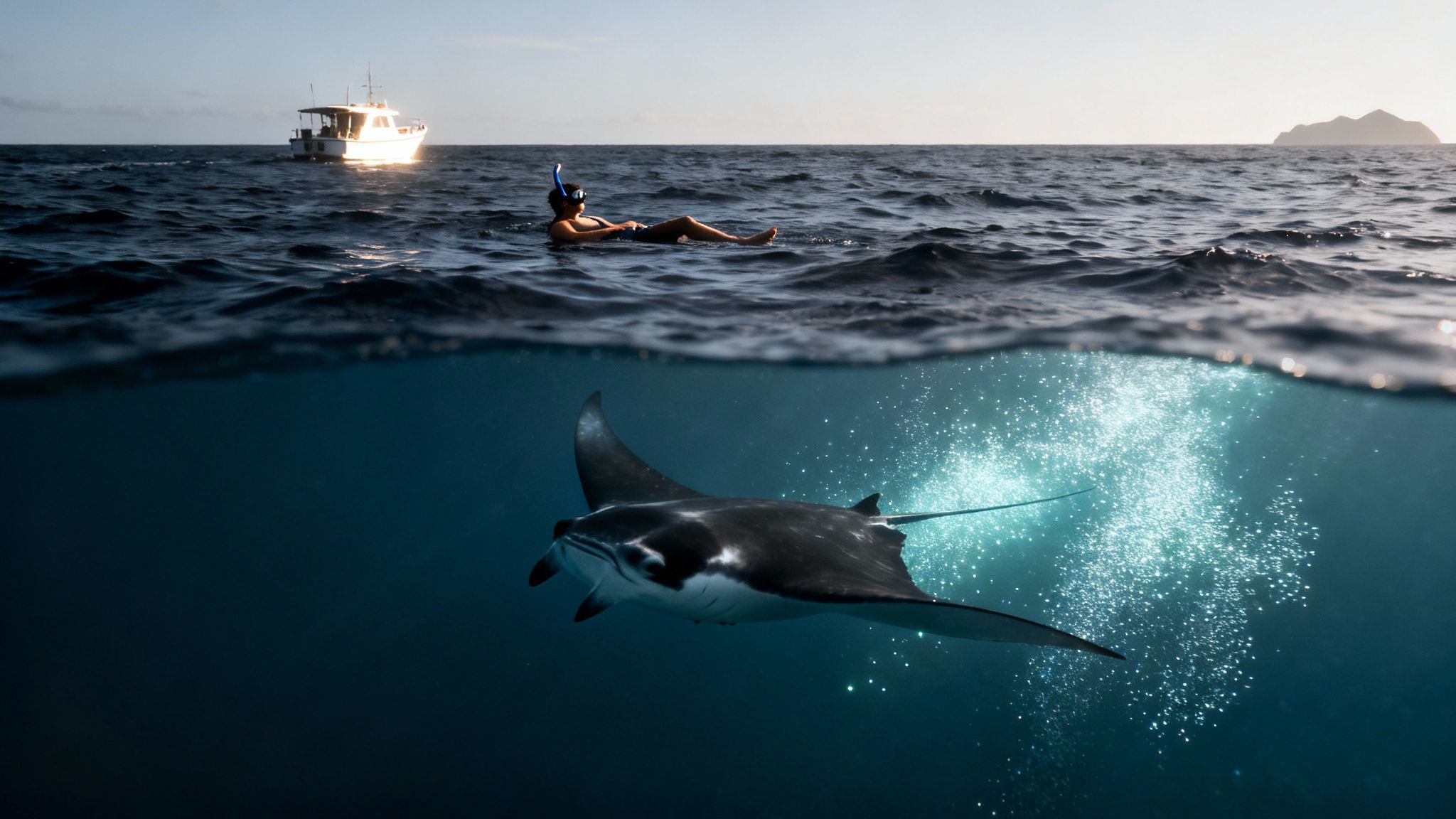 Split shot showing a snorkeler, boat, and island above a majestic manta ray in the ocean.