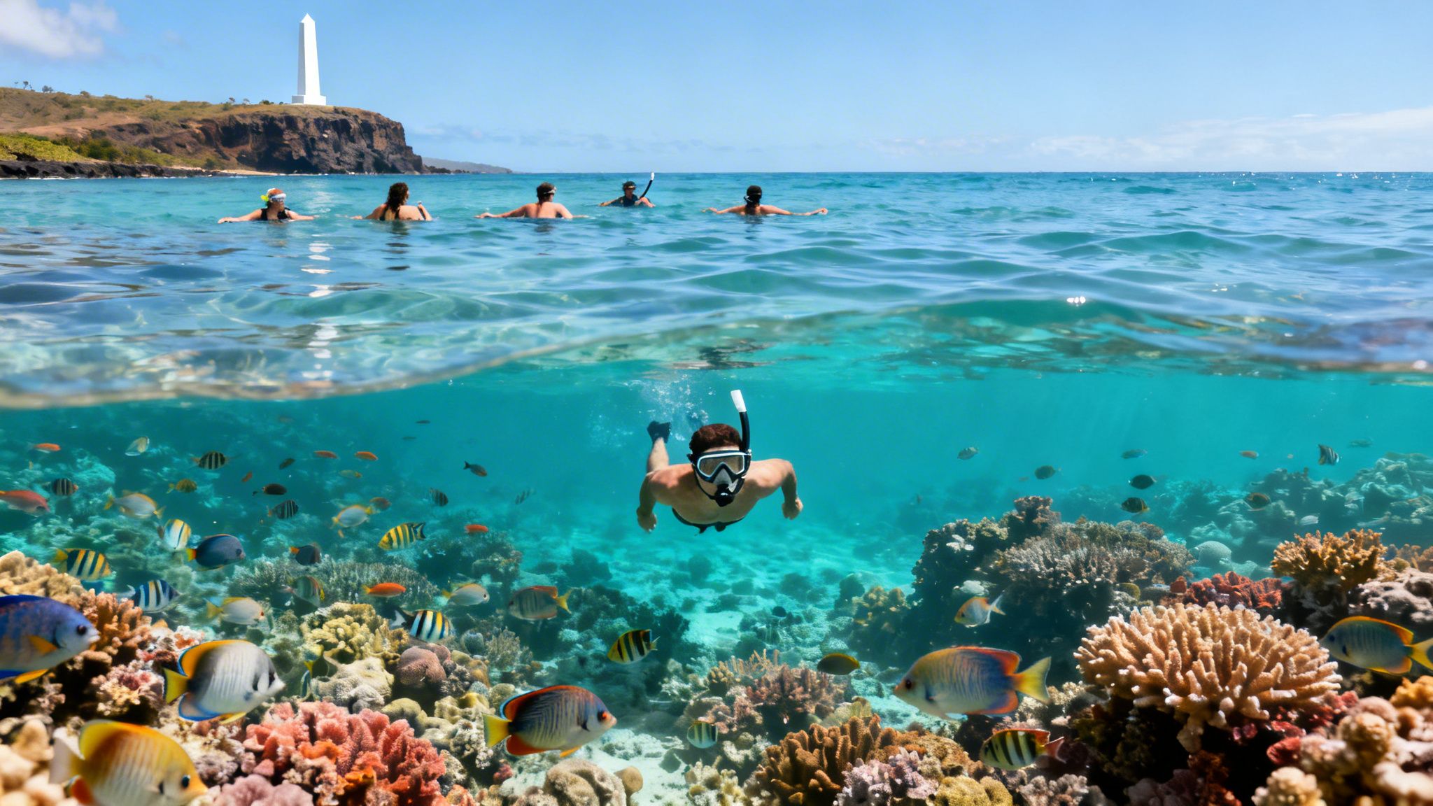 A split view of people snorkeling over a vibrant coral reef with fish and a lighthouse on the coast.