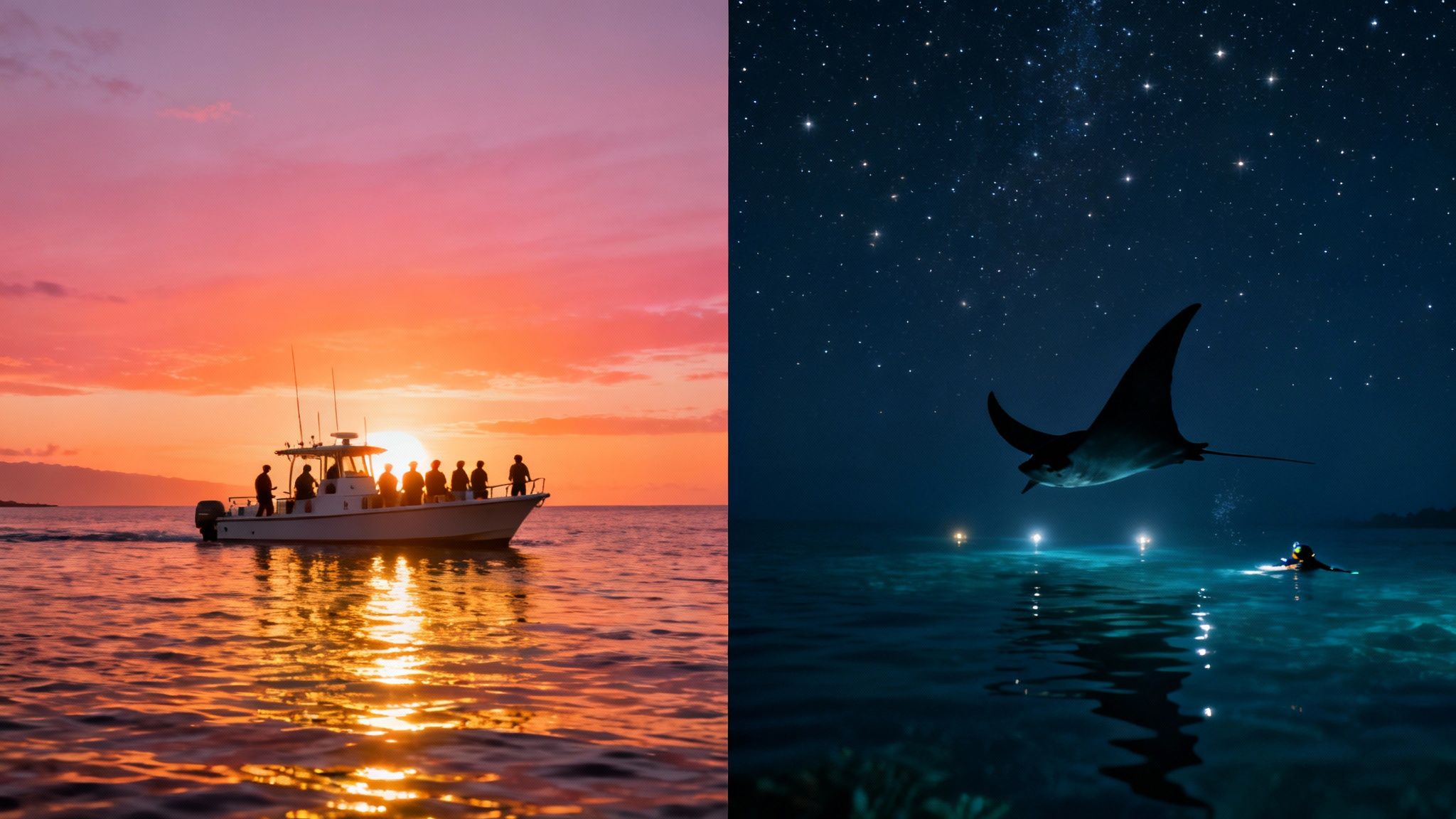 A split image shows a sunset boat tour on the left and a night manta ray dive on the right.