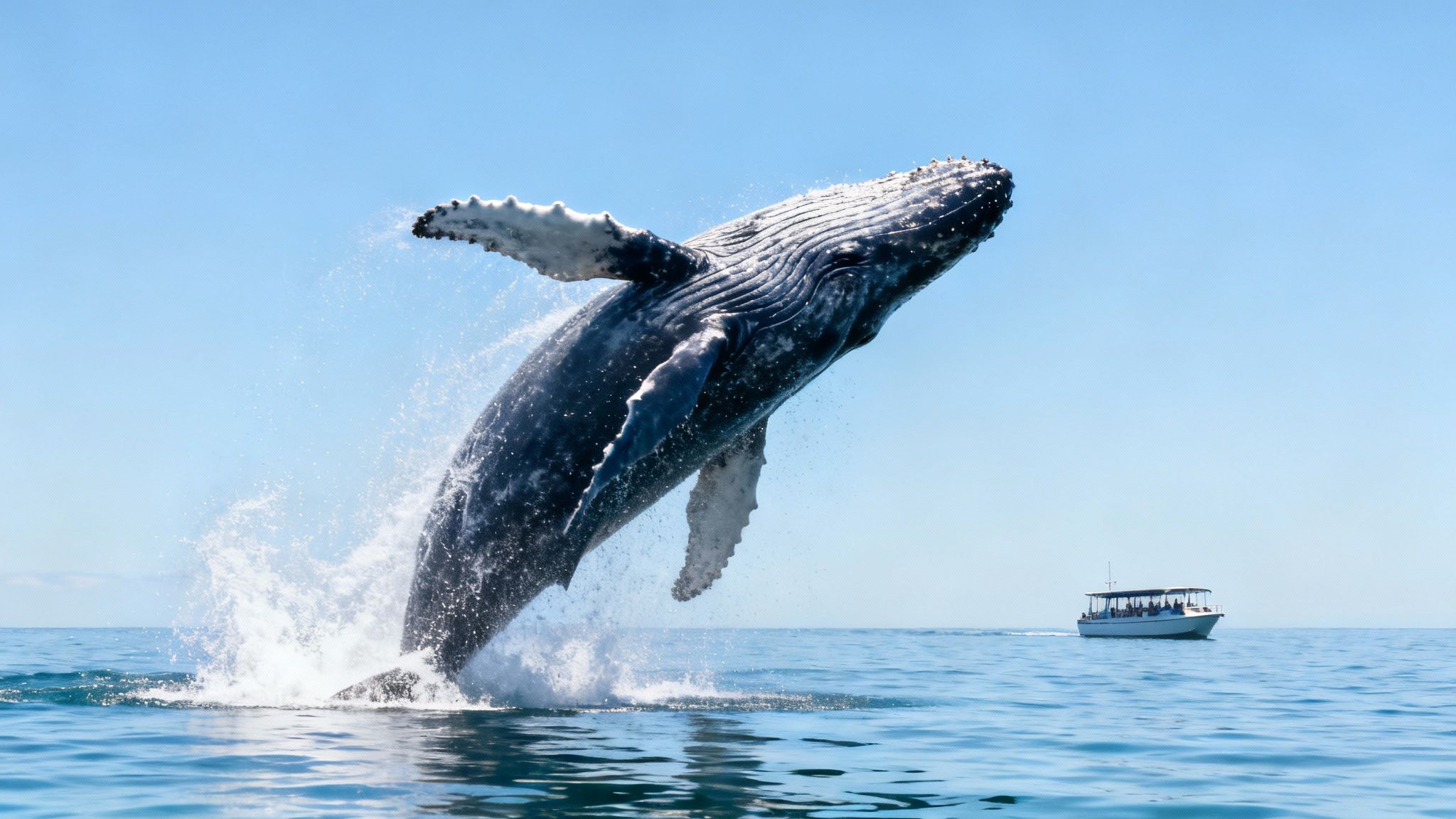 A majestic humpback whale breaches powerfully from the blue ocean, spraying water, near a whale-watching boat.