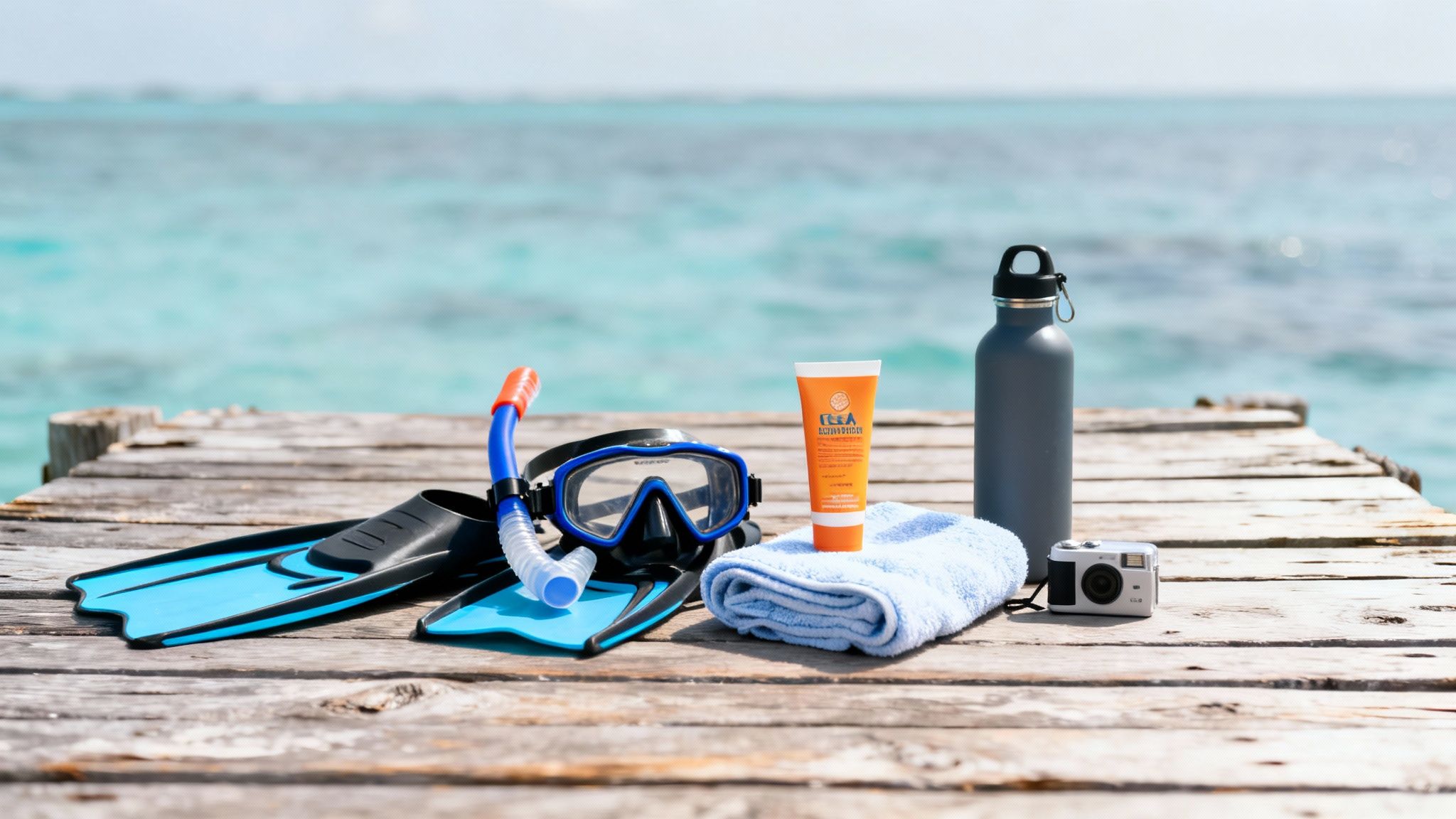 Snorkeling gear, sunscreen, water bottle, and camera on a wooden pier by the tropical ocean.