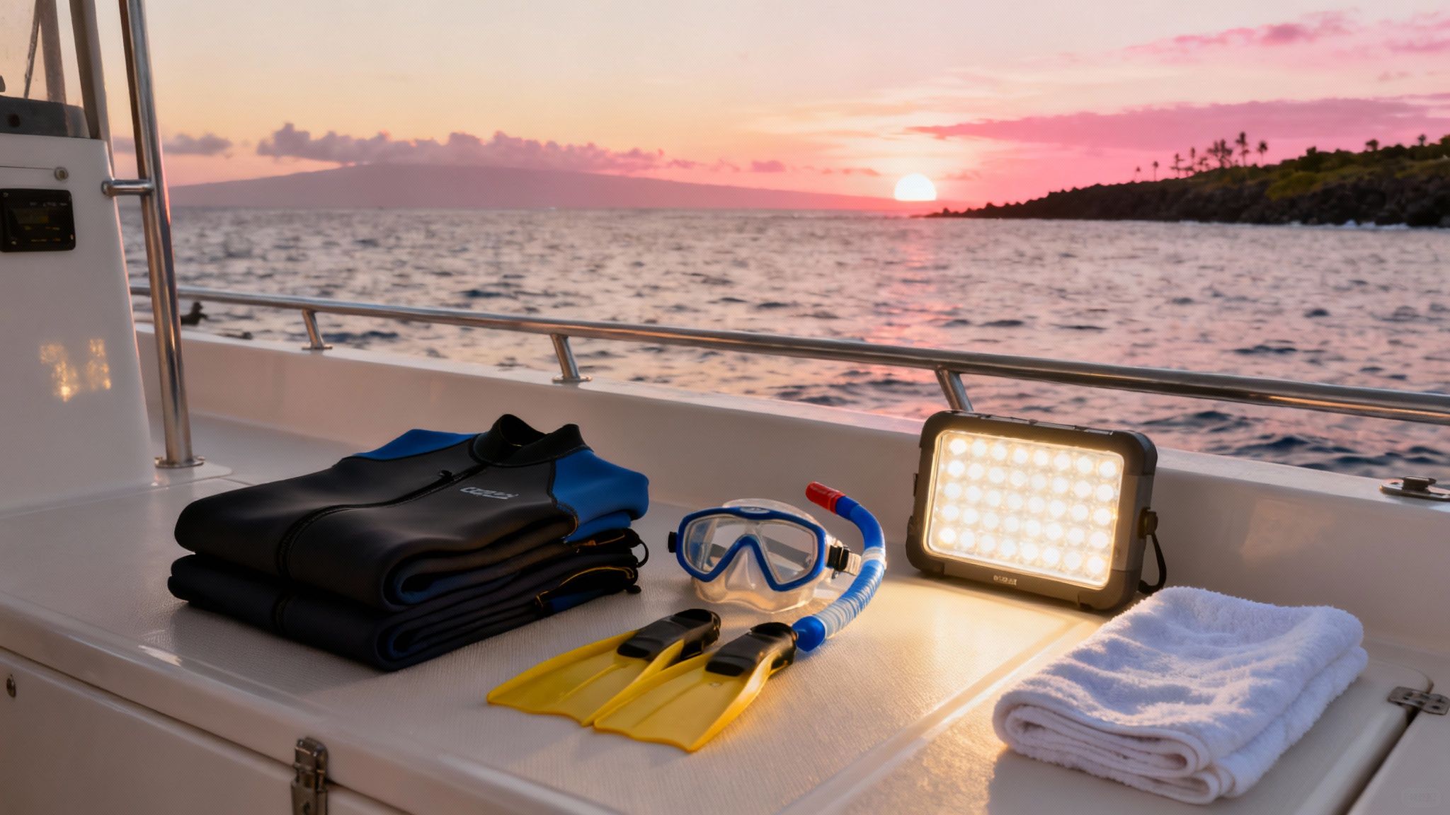 A snorkeler floats on the surface, holding onto a light board, as a large manta ray glides just beneath.