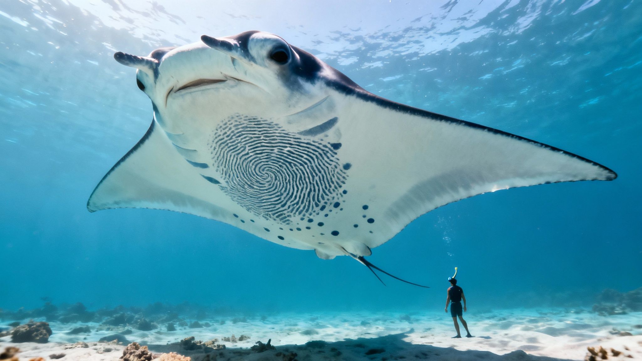 Majestic manta ray gliding over snorkeler in clear turquoise Hawaiian ocean waters