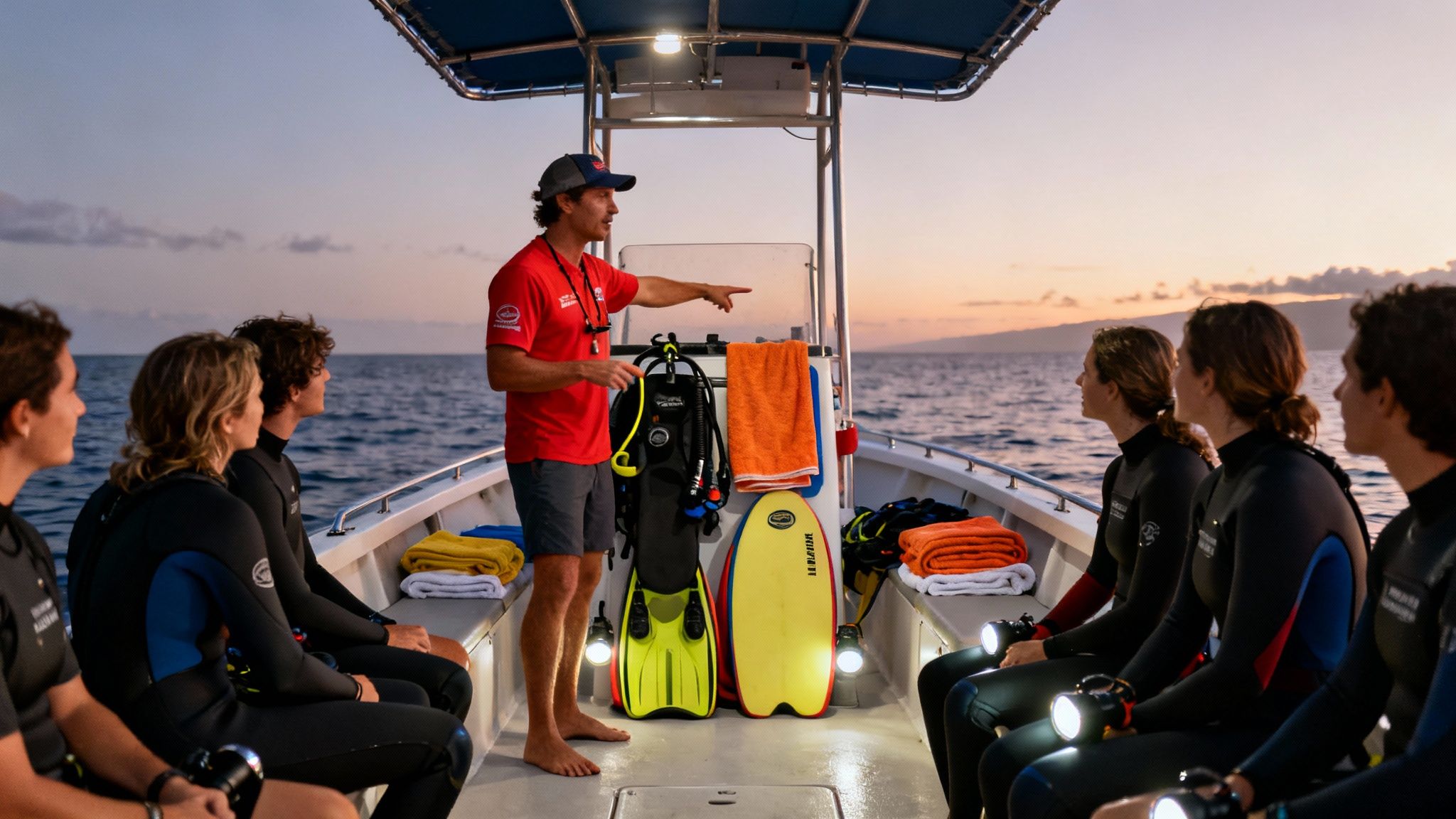 A group on a boat receiving a briefing from an instructor for a night snorkel at sunset.