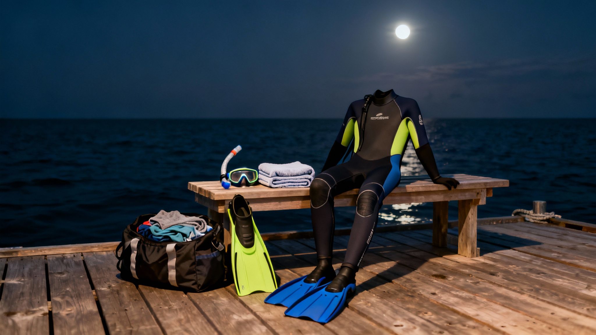 A group of snorkelers holding onto a light board at night