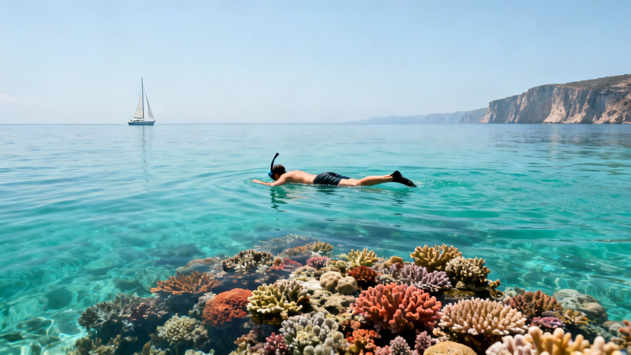 Man snorkeling above a vibrant coral reef in clear ocean water with a sailboat nearby.