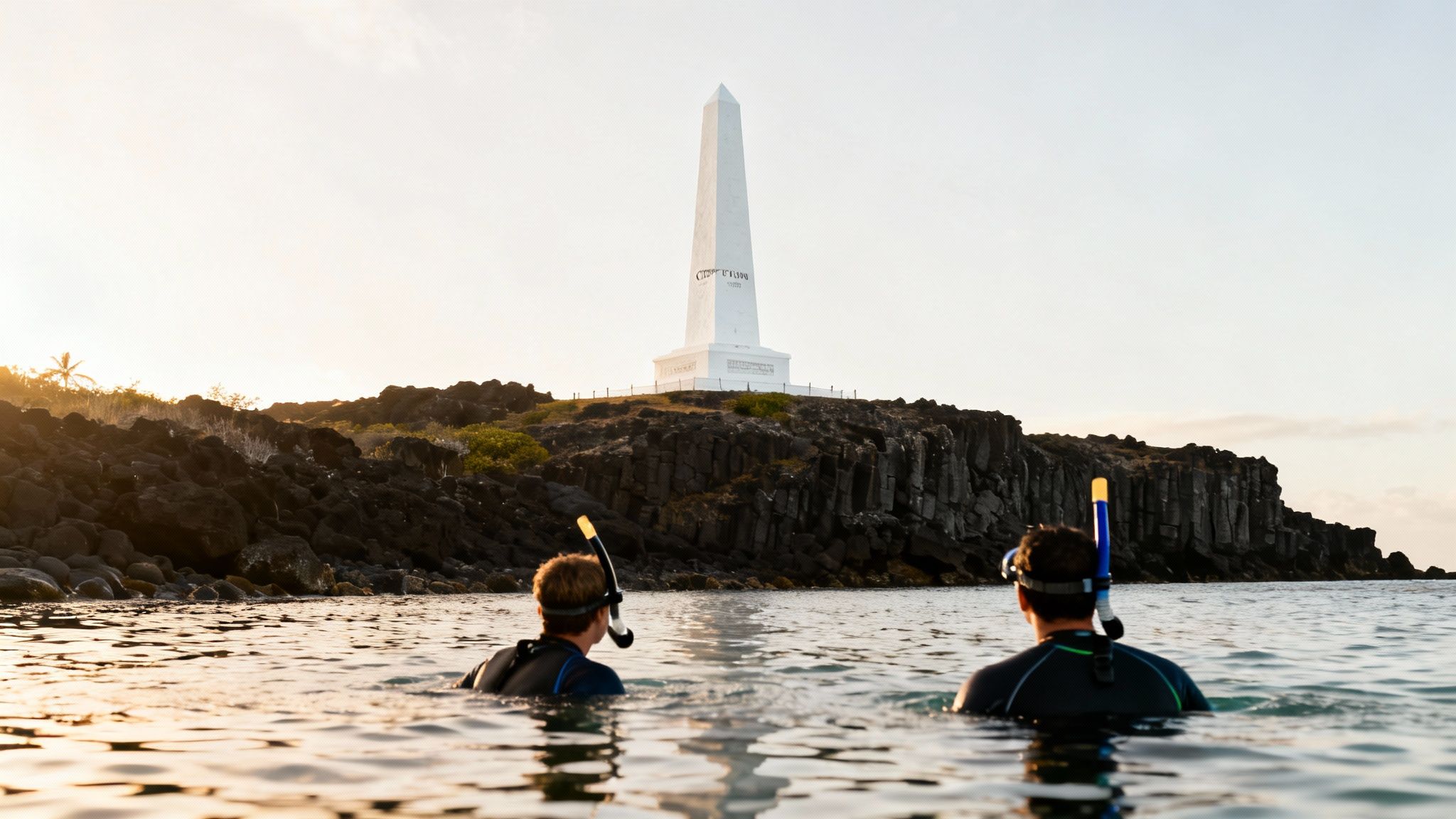 Two snorkelers in the ocean gaze at a white obelisk monument on a rocky island at sunset.
