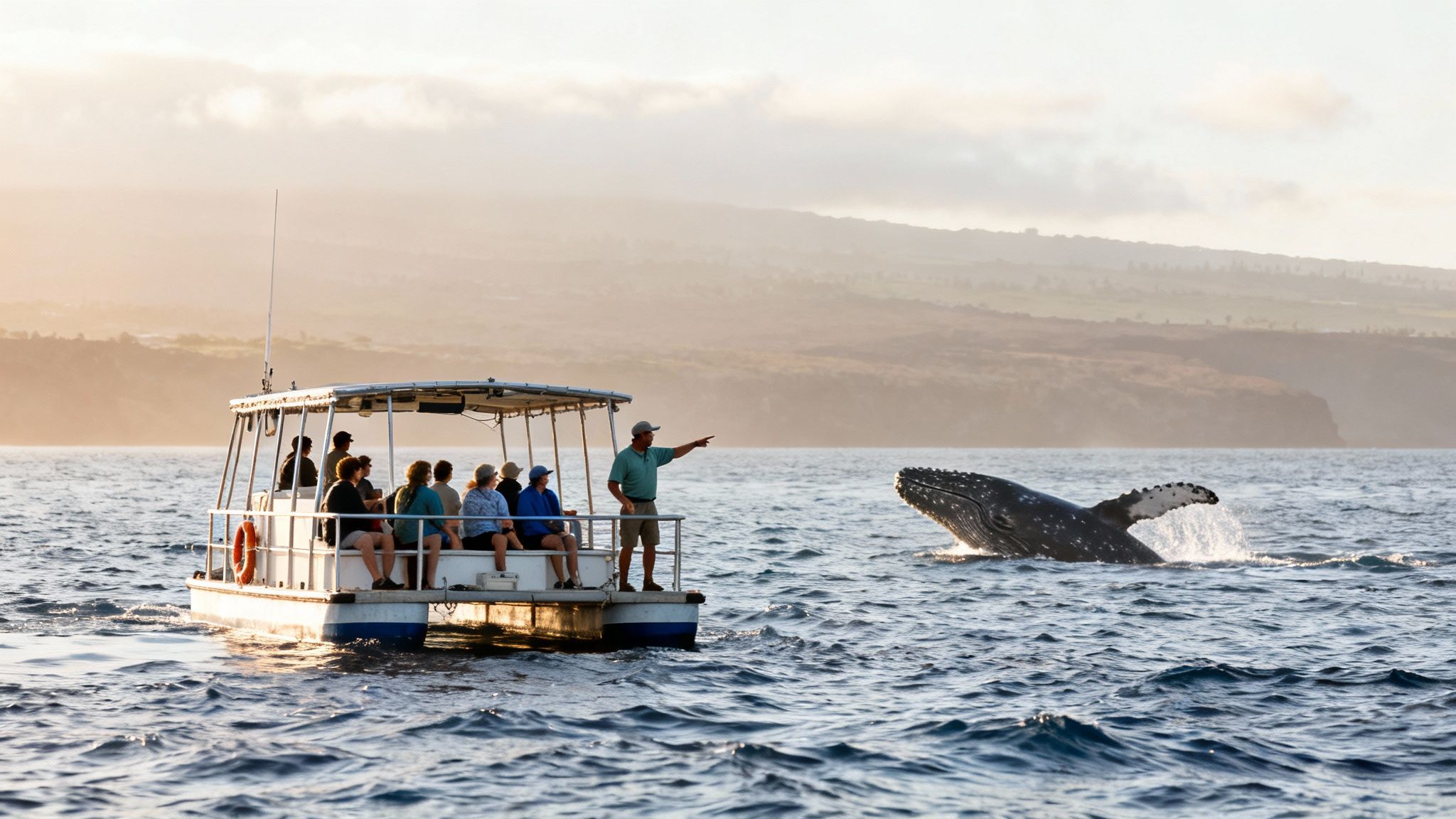 Tourists on a boat watching a whale breach out of the ocean at sunset with mountains in the background.