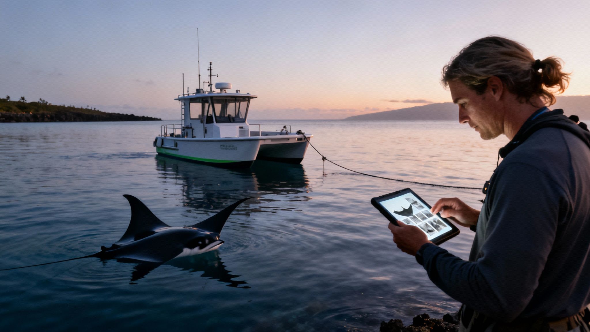 Man studies manta ray patterns on tablet, with a real manta ray and boat at sunset.