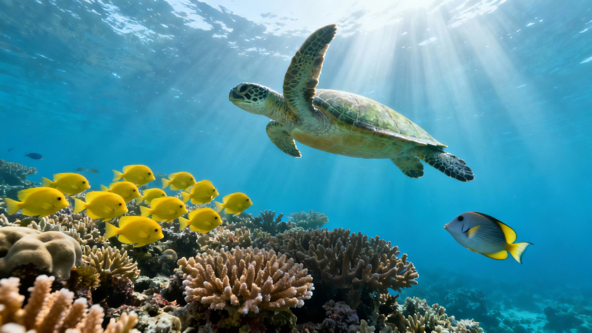 A vibrant underwater scene with a green sea turtle swimming over a coral reef and school of yellow fish.