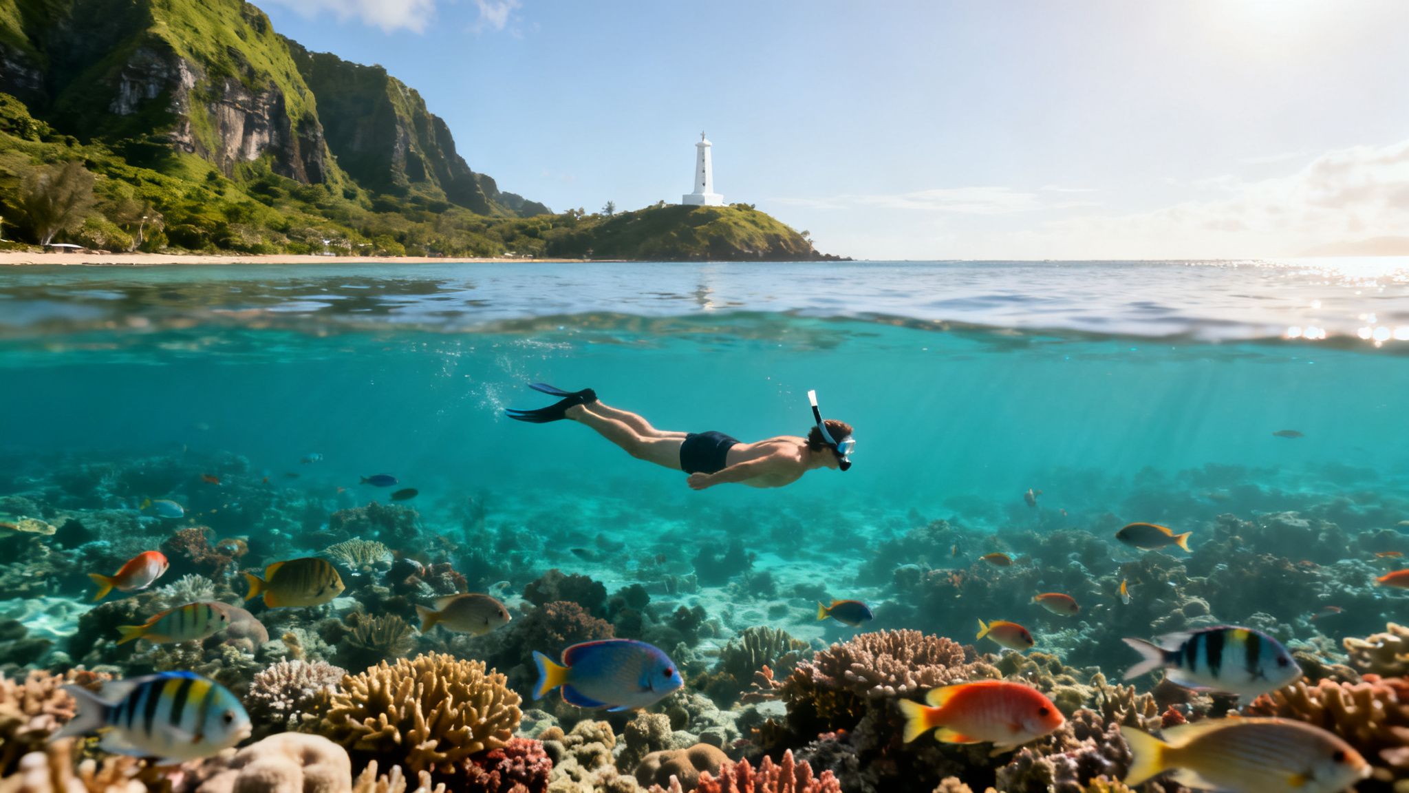 A person snorkeling over a vibrant coral reef with colorful fish near a tropical island with a lighthouse.