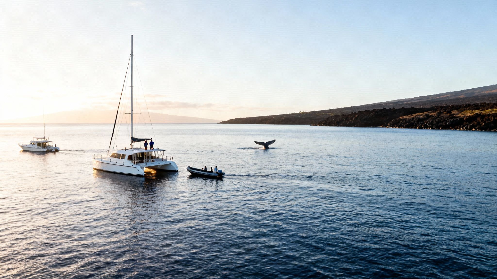 A majestic whale's tail breaches near catamaran sailboats and a smaller boat at sunset off a rocky coast.