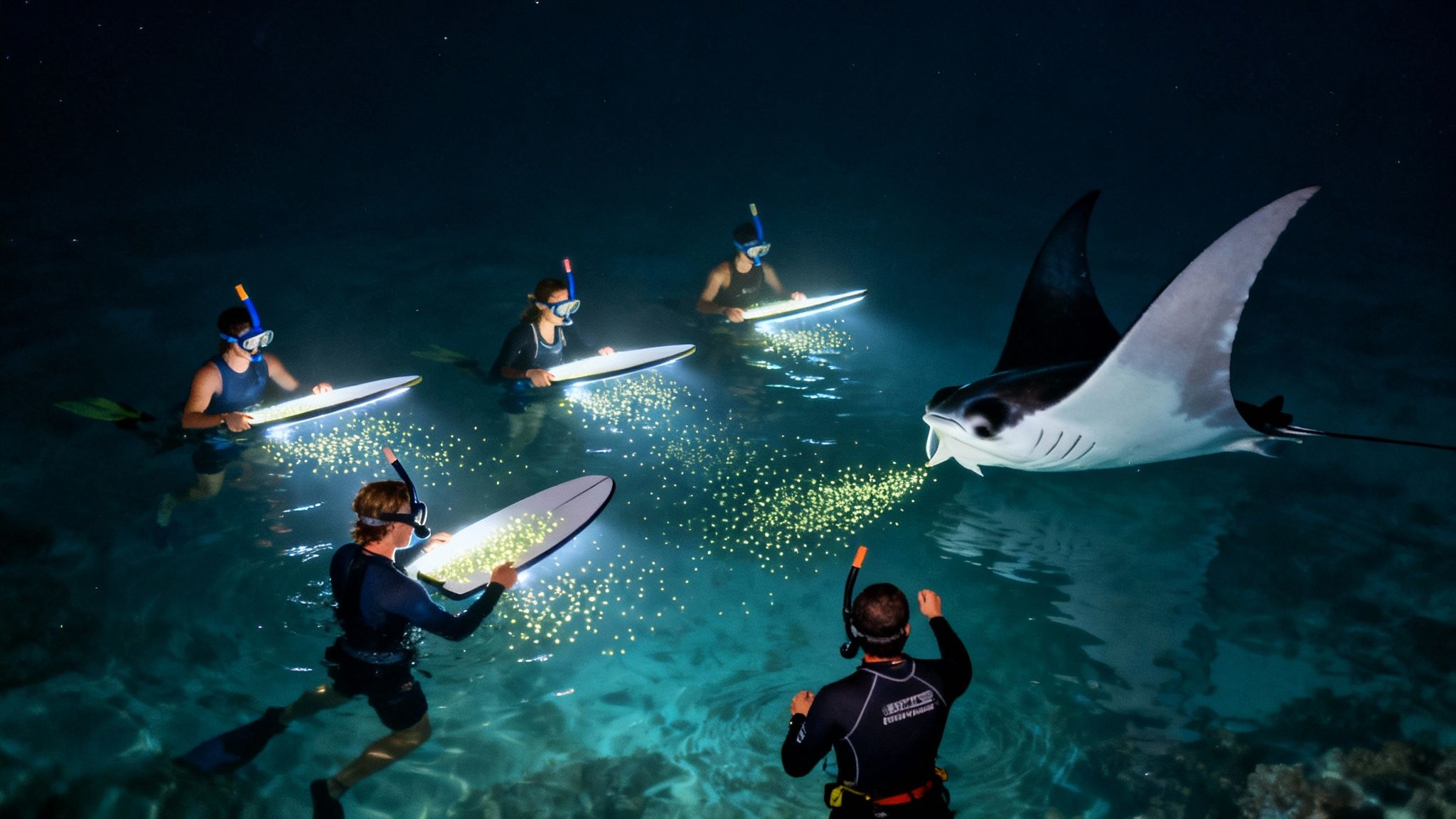 Night snorkel experience with a group of people and a large manta ray feeding on glowing plankton.