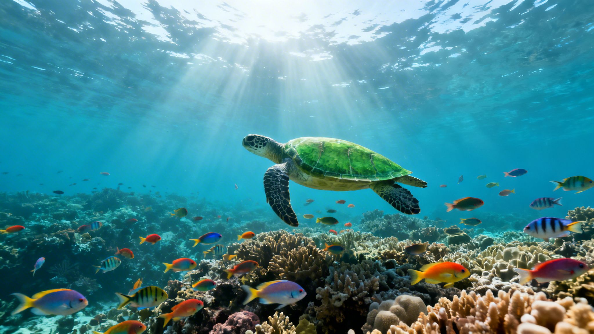 A majestic sea turtle swims above a vibrant coral reef, surrounded by colorful fish and sun rays.
