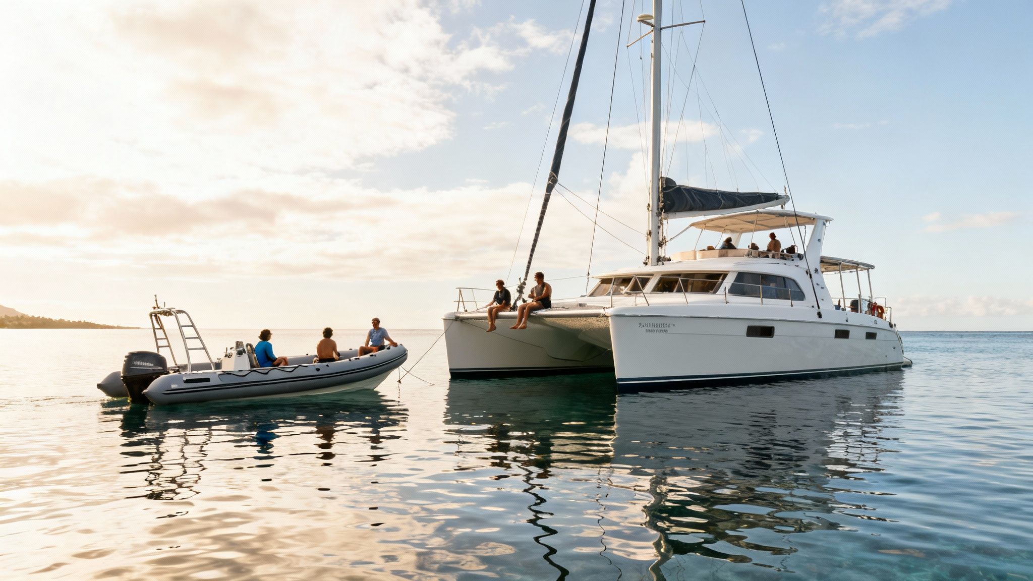 People relaxing on a catamaran and a dinghy in calm tropical waters at sunset.
