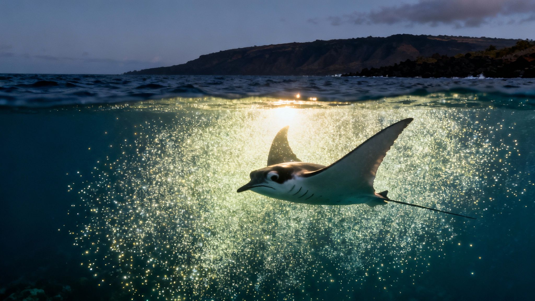 A close-up shot of a manta ray swimming gracefully in the dark ocean waters of Kona.