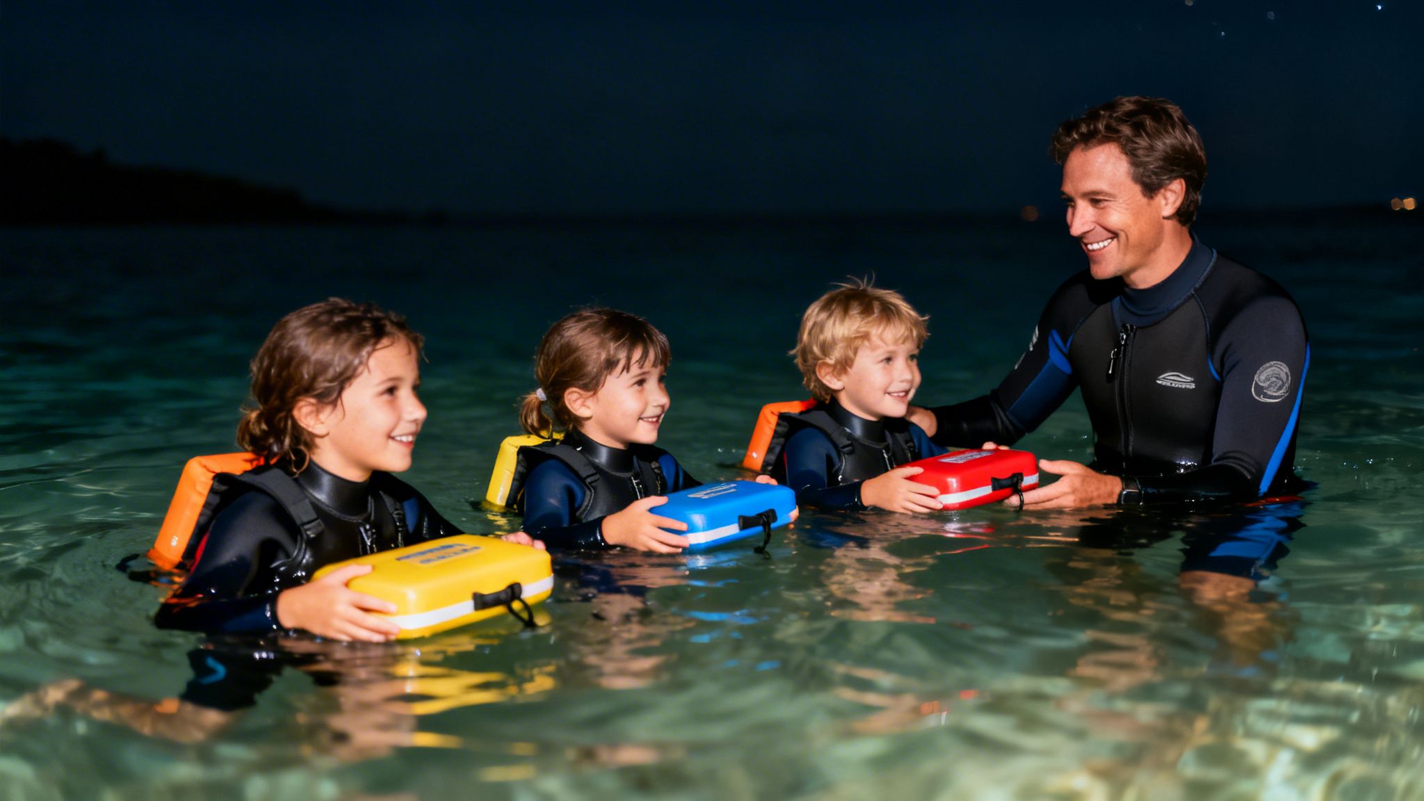 Smiling man and three kids in wetsuits, holding colorful cases during a night snorkel.