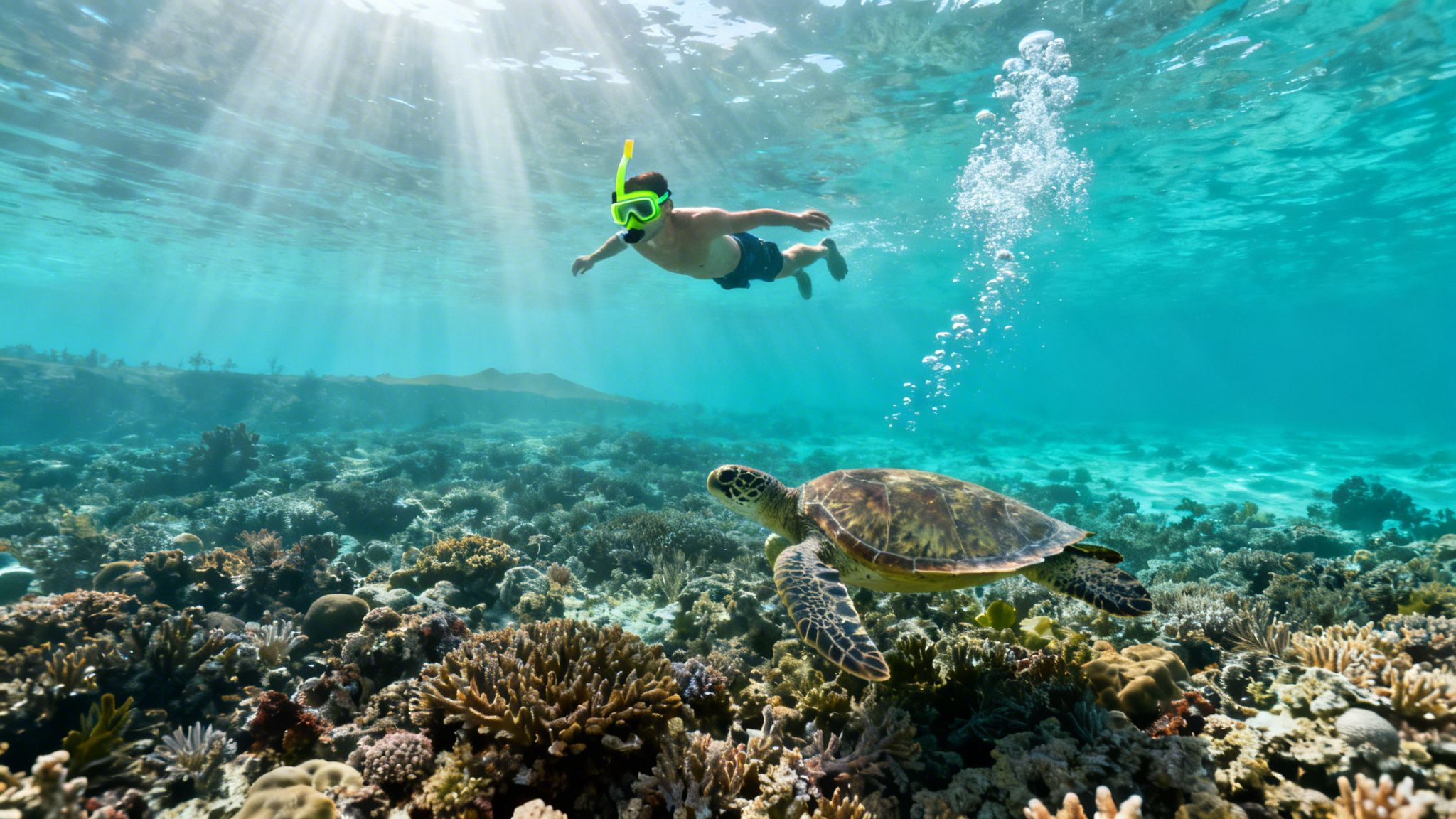 Sunlit underwater scene with a snorkeler observing a sea turtle near a vibrant coral reef.
