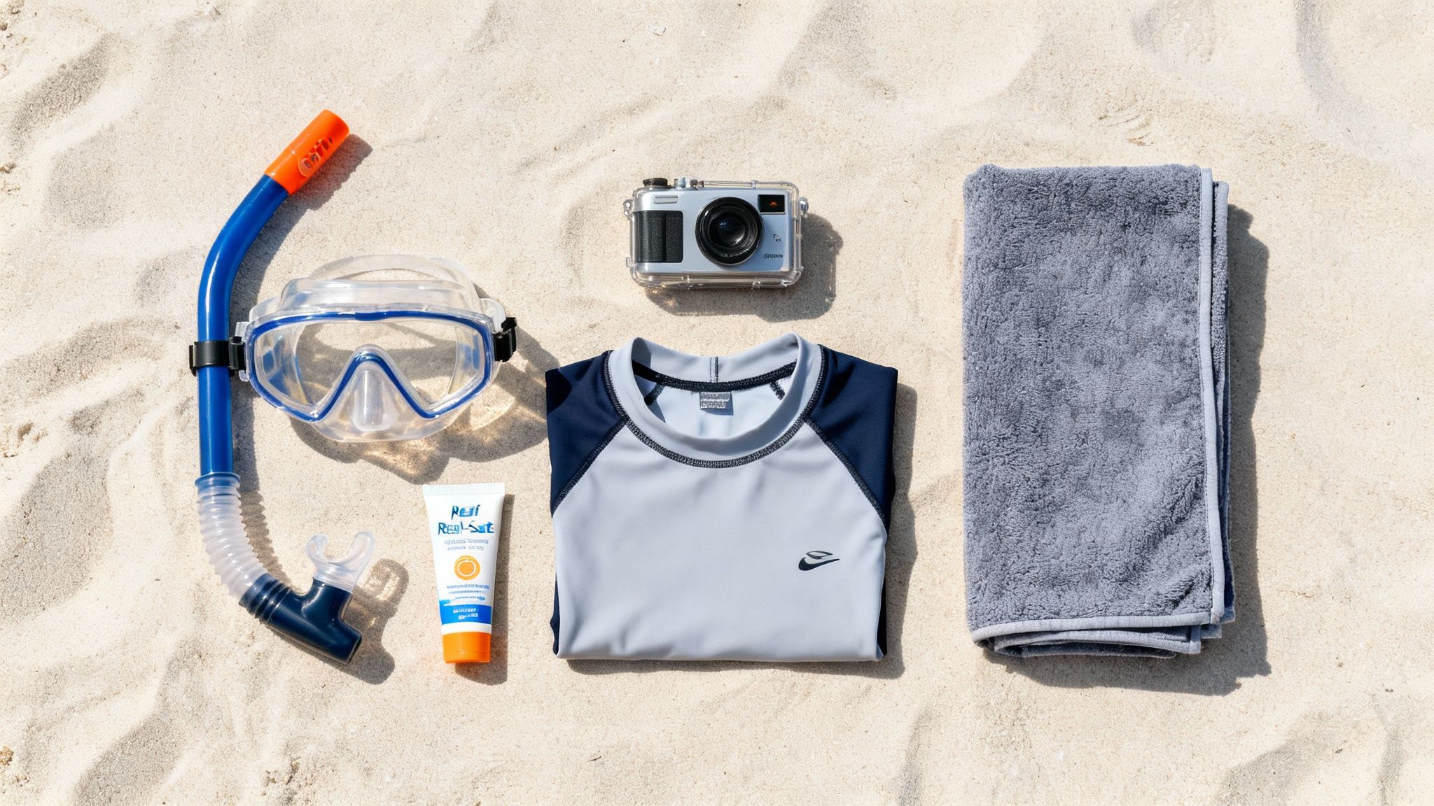 Snorkeling gear laid out on beach sand, including mask, snorkel, sunscreen, rash guard, camera, and towel.