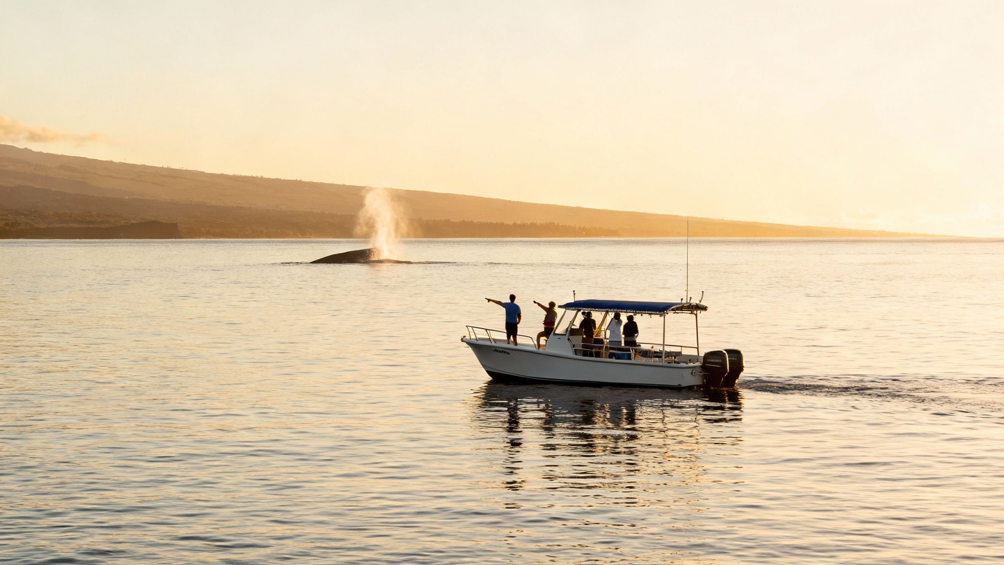 Tourists on a boat point at a whale spouting water during a golden sunset over the ocean.