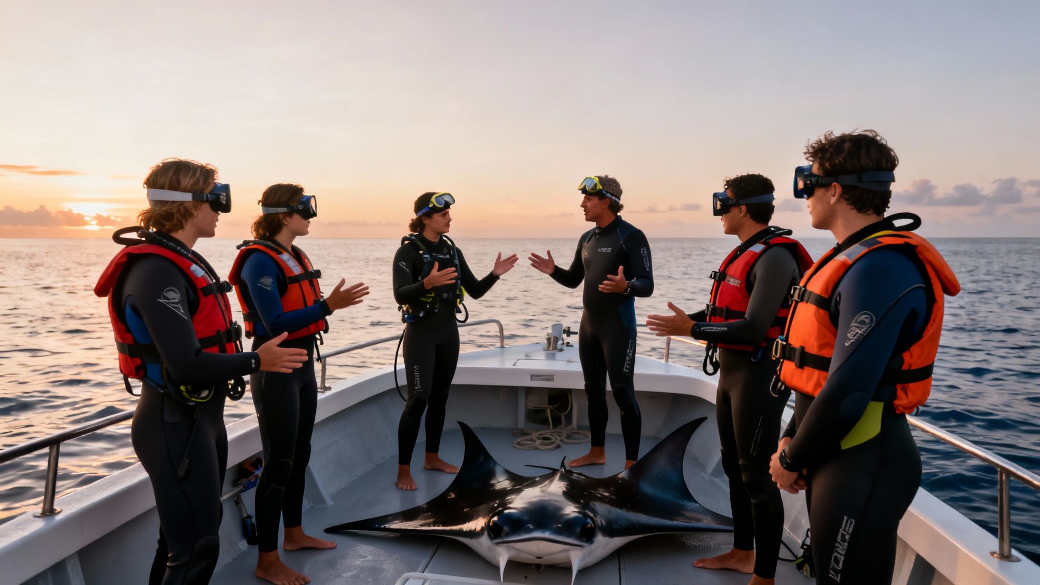 People in wetsuits and masks on a boat with a manta ray model at sunset.