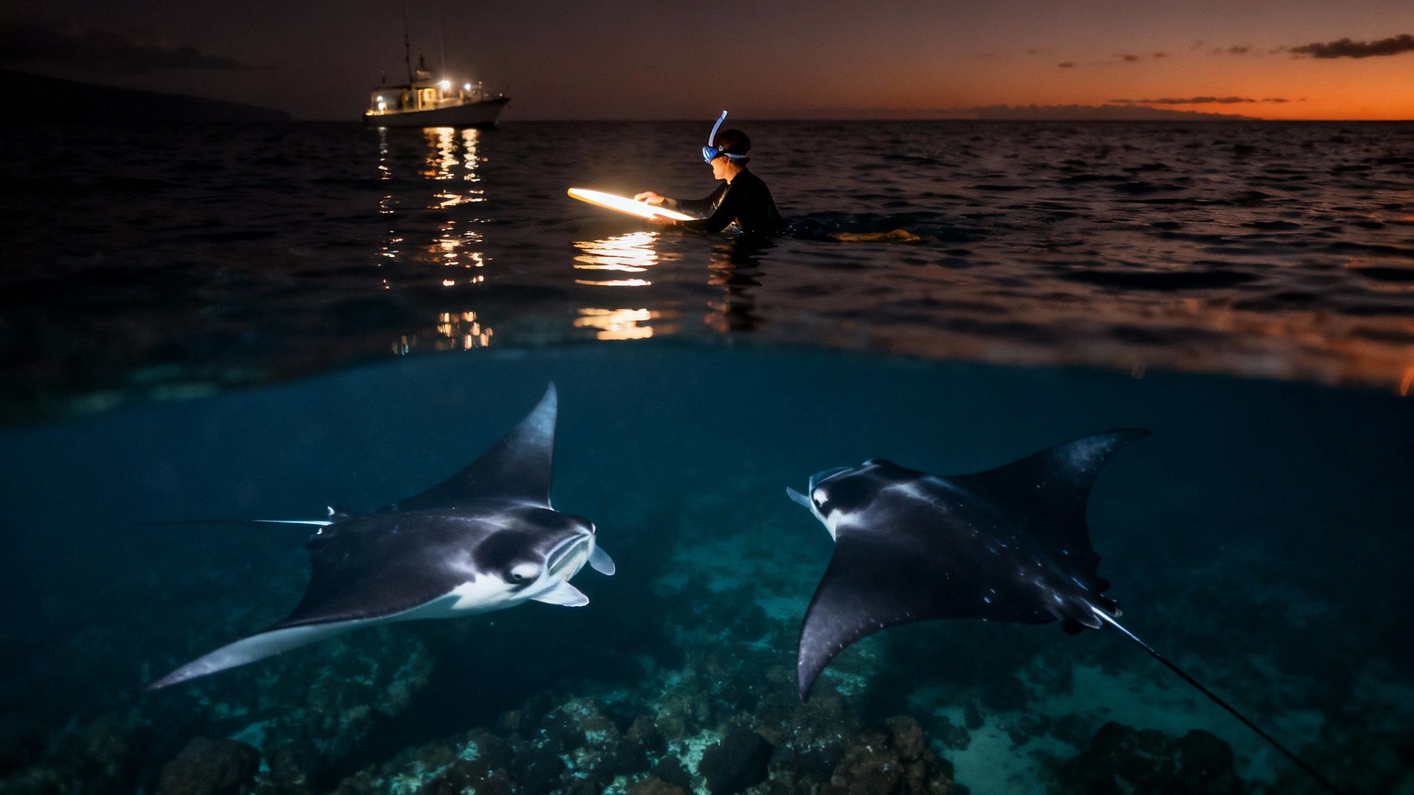 A person snorkels with a glowing board as two manta rays swim below in the ocean at sunset.