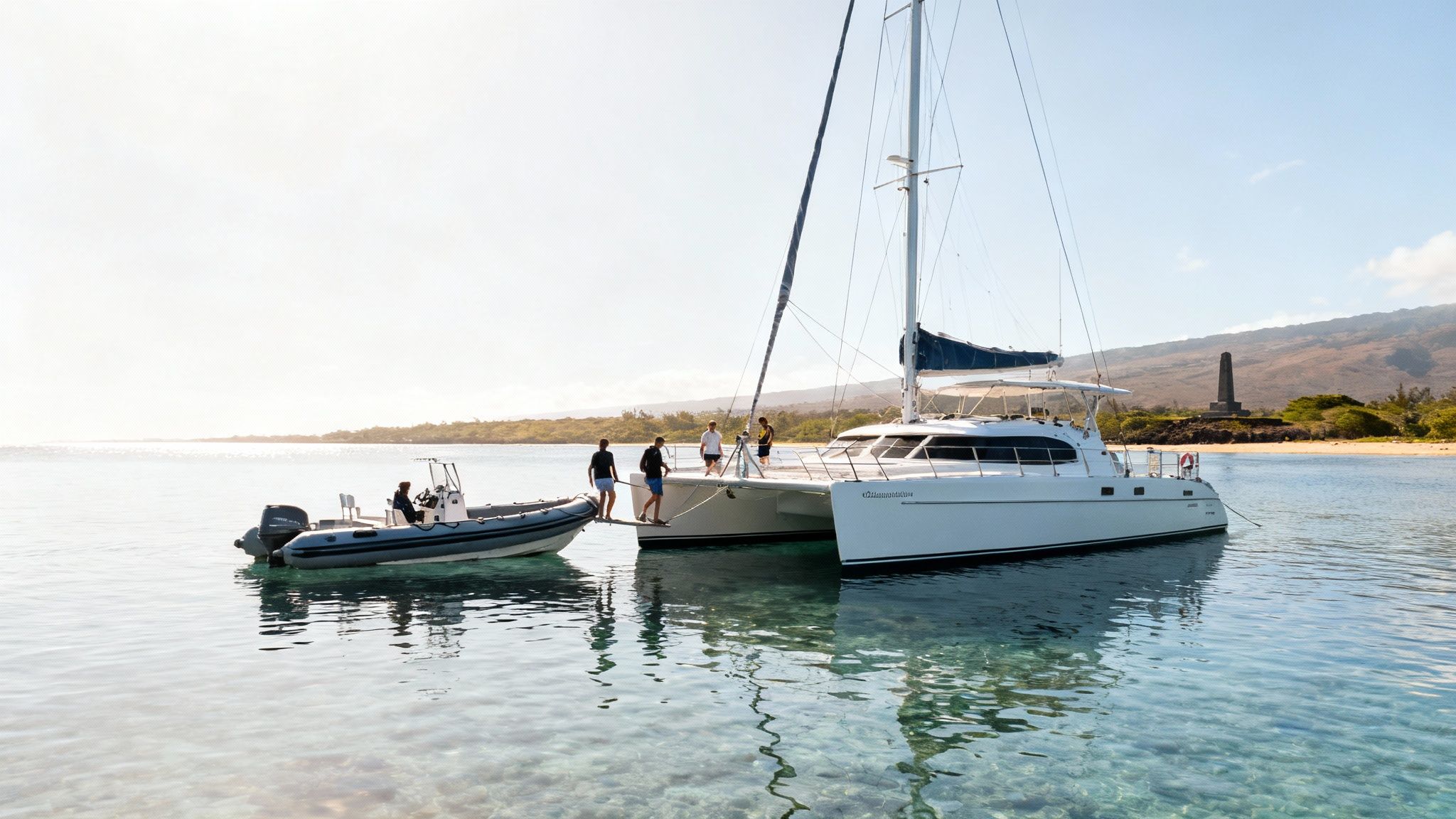 A large white catamaran and a small grey inflatable boat with people on clear tropical water near a coastal monument.