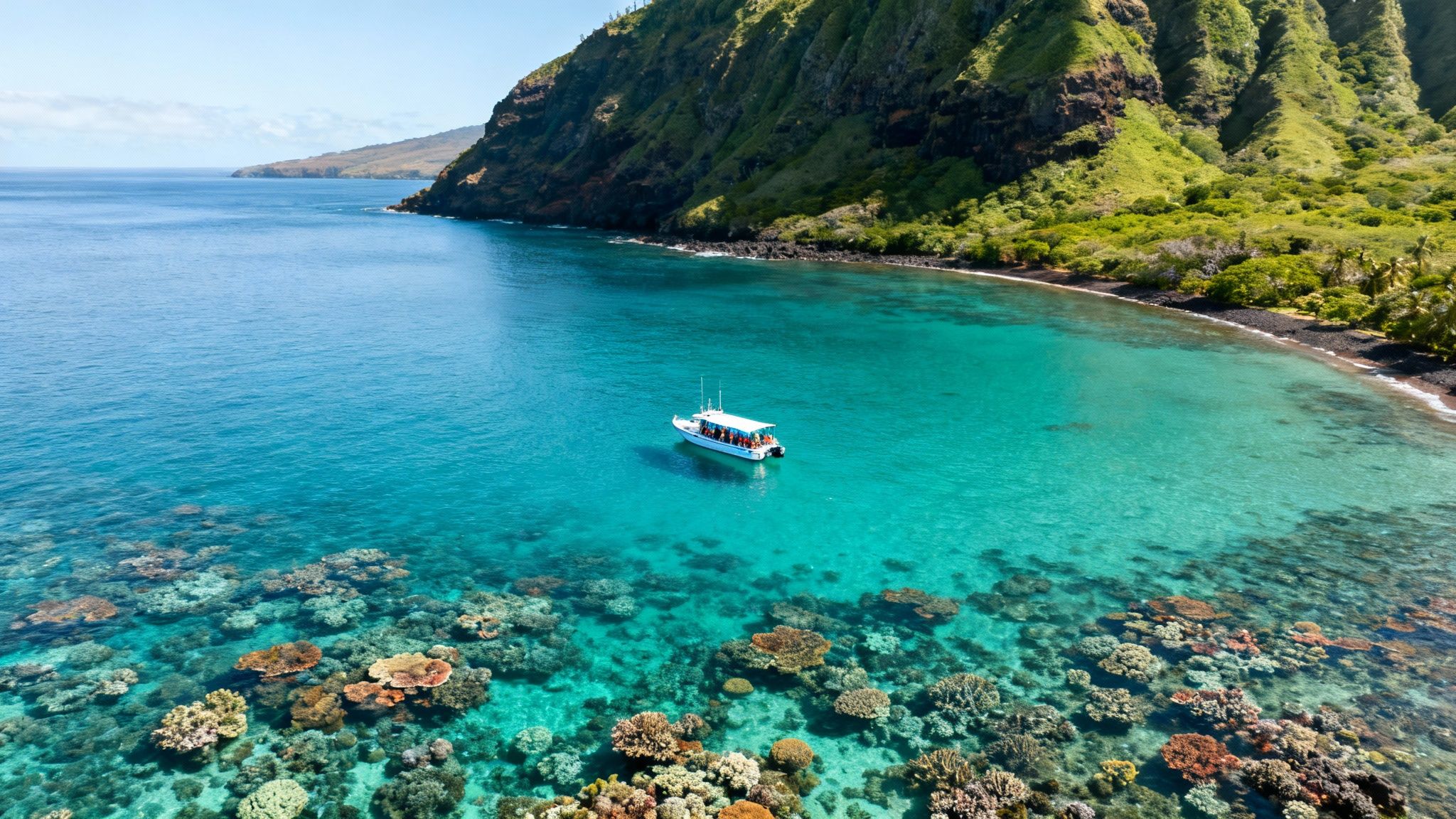 Vibrant coral reef in Kealakekua Bay with a school of yellow fish swimming.