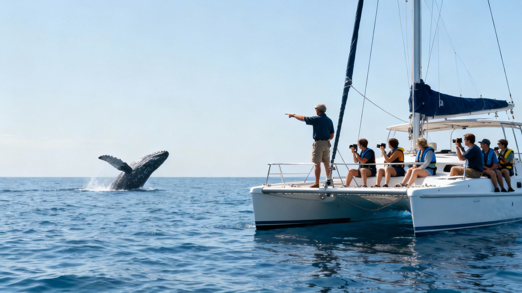 A humpback whale's tail fluke rises majestically from the water.