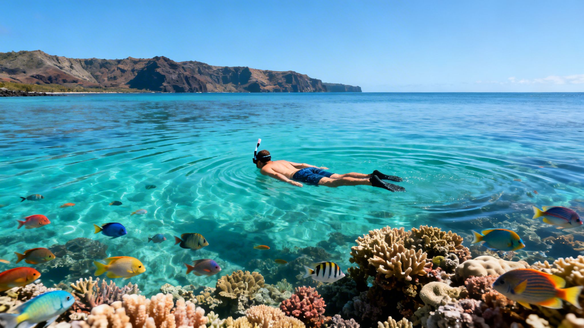A person snorkeling in crystal-clear water over a vibrant coral reef with many colorful fish and distant mountains.