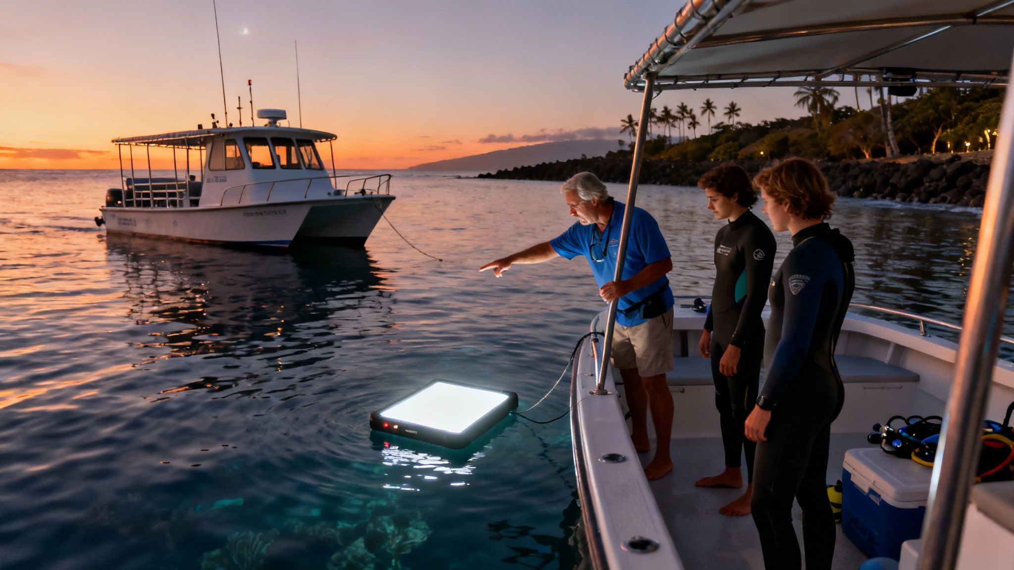 A group of snorkelers holding onto a light board as a manta ray swims just below them in Kona.