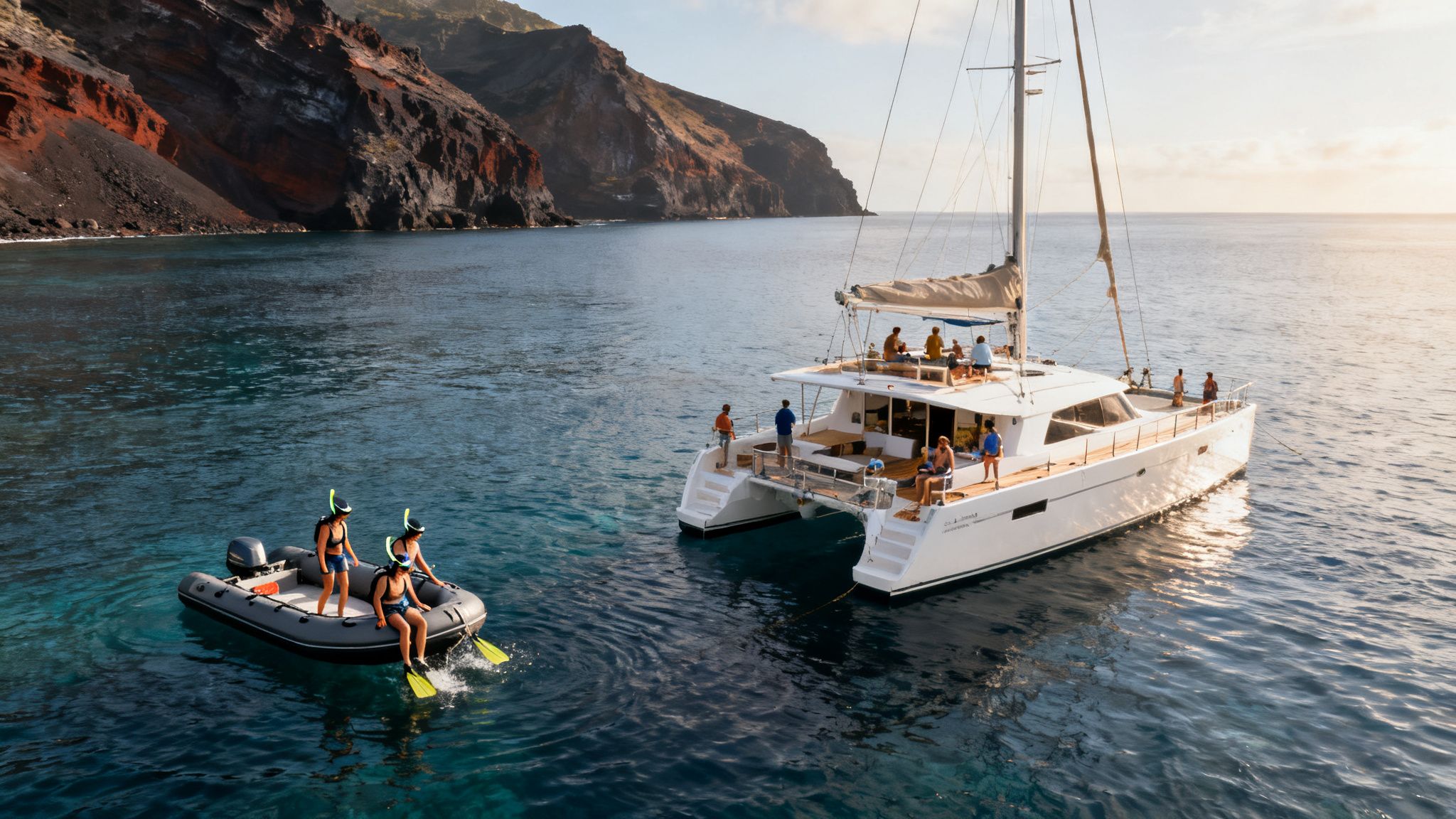 People snorkeling from a dinghy next to a catamaran anchored near dramatic coastal cliffs.