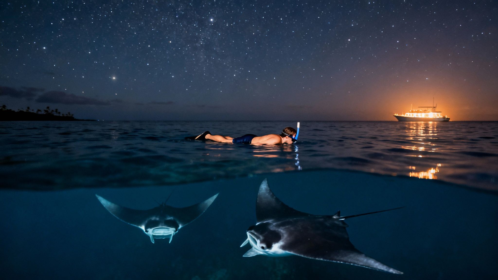 Person snorkeling at night with two manta rays underwater, under a star-filled sky and distant boat.