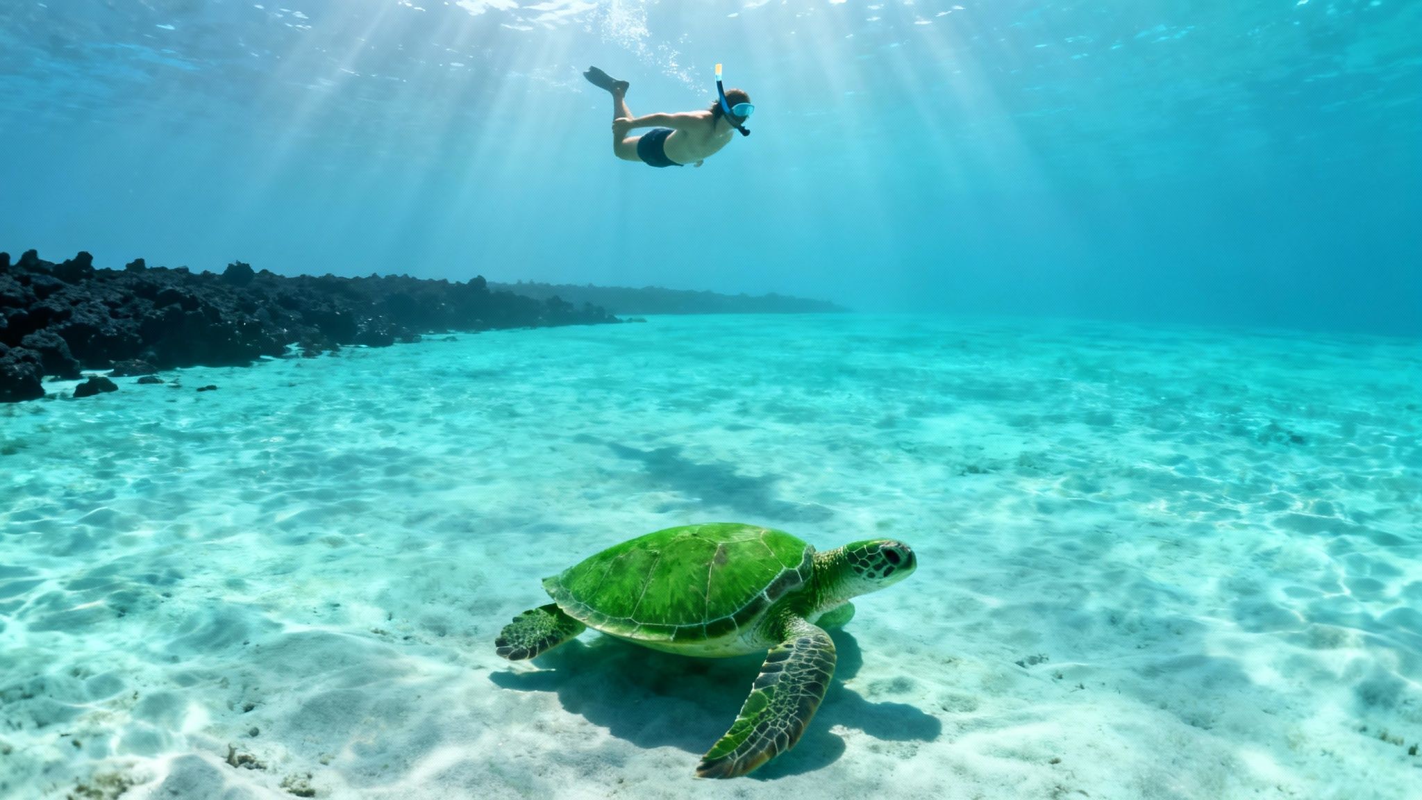 A person snorkeling above a green sea turtle on a sandy seabed with sun rays in clear blue water.