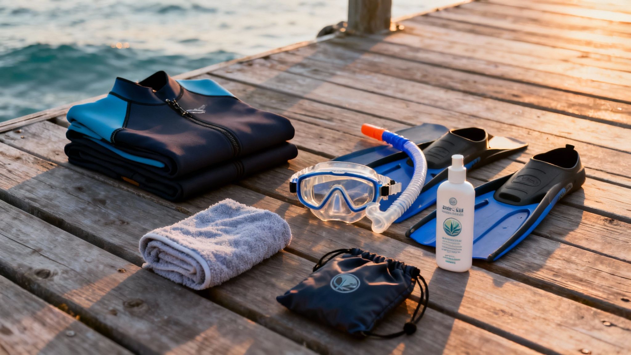 A wetsuit, snorkeling mask, fins, snorkel, sunscreen, and towel are neatly arranged on a wooden dock next to the ocean.