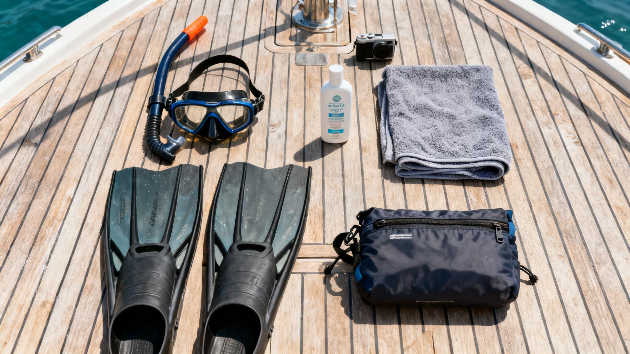 Snorkeling gear, including fins, mask, snorkel, sunscreen, towel, camera, and bag on a boat deck.